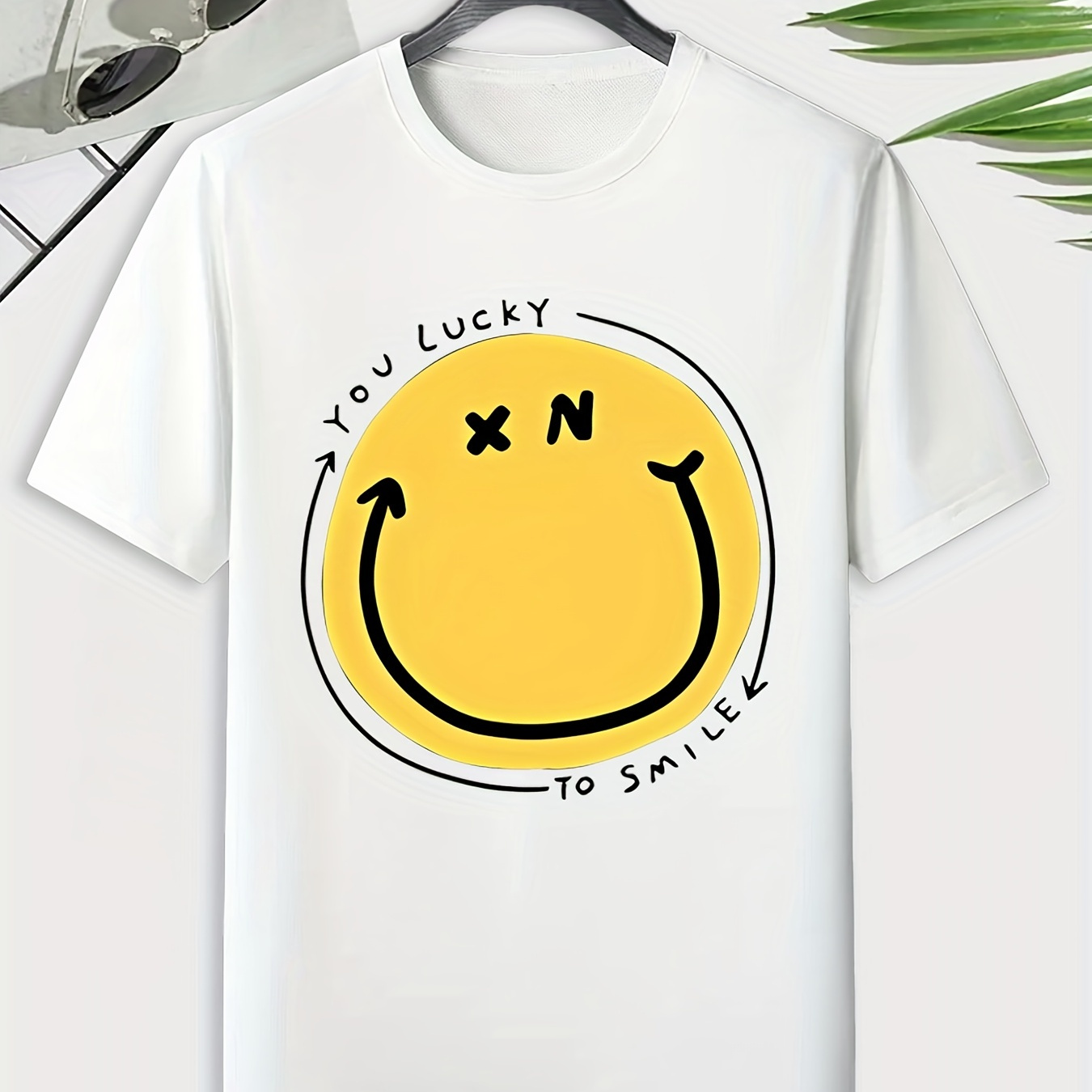 

Men's Happy Face Pattern T-shirt, Active Slightly Stretch Breathable Tee, Men's Clothing For Outdoor