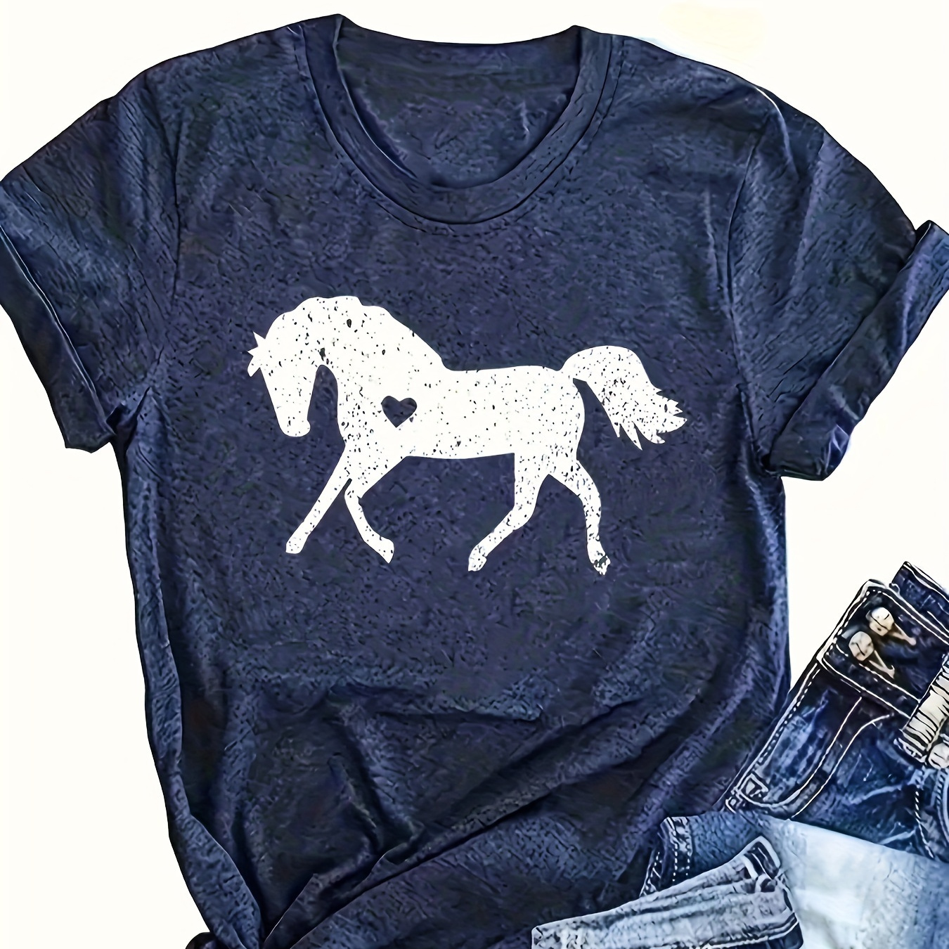 

Horse Print T-shirt, Short Sleeve Crew Neck Casual Top For Summer & Spring, Women's Clothing