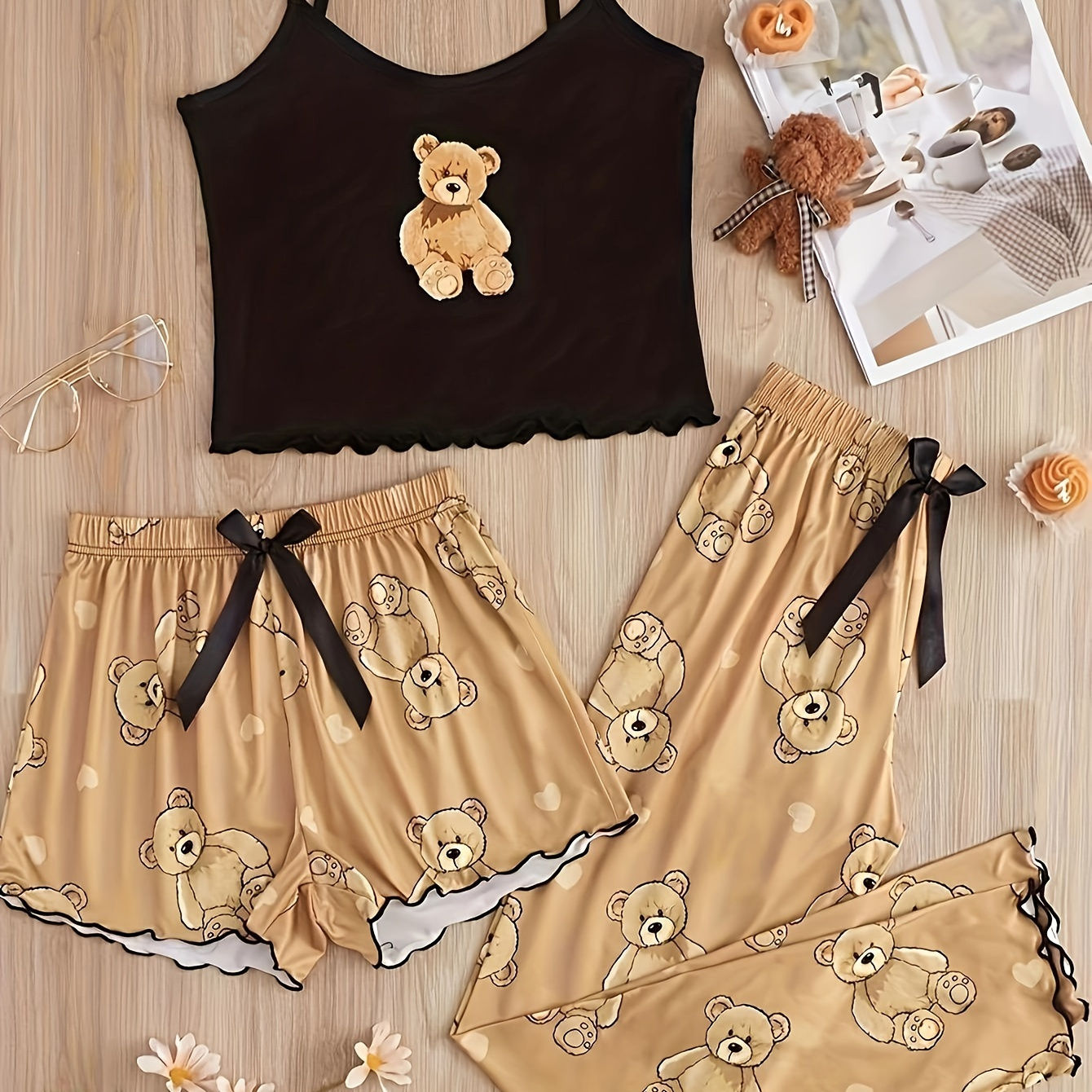 

Cute Bear Print Lettuce Trim Pajama Set, Round Neck Crop Cami Top & Shorts & Pants, Women's Sleepwear & Loungewear