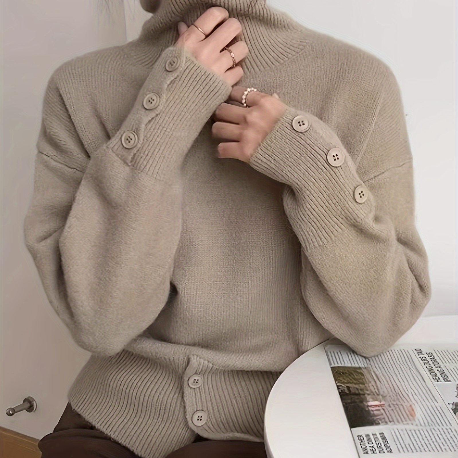 

Solid Color Turtle Neck Sweater, Casual Long Sleeve Button Detail Sweater For Fall & Winter, Women's Clothing