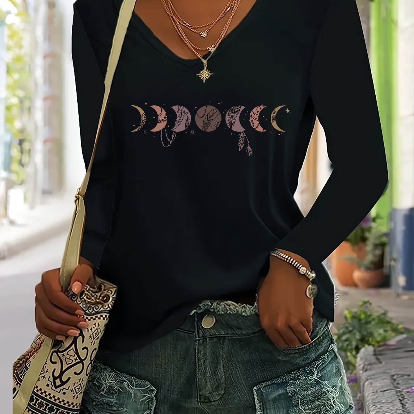 

Women's Casual V-neck T-shirt With Unique Moon & Letter Print - Long Sleeve, Stretchy Polyester , Machine Washable - Spring/fall