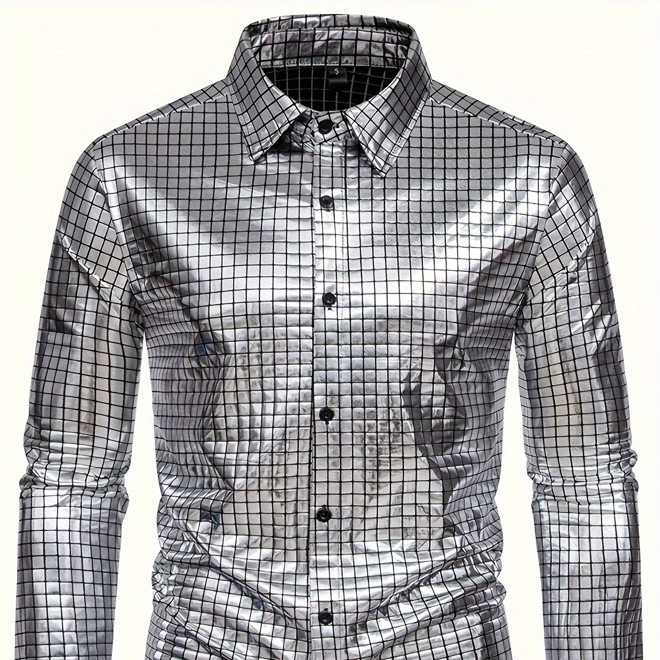 

Sequin Checkered Men's Party Fashion Long Sleeve Button Up Shirt, Spring Fall