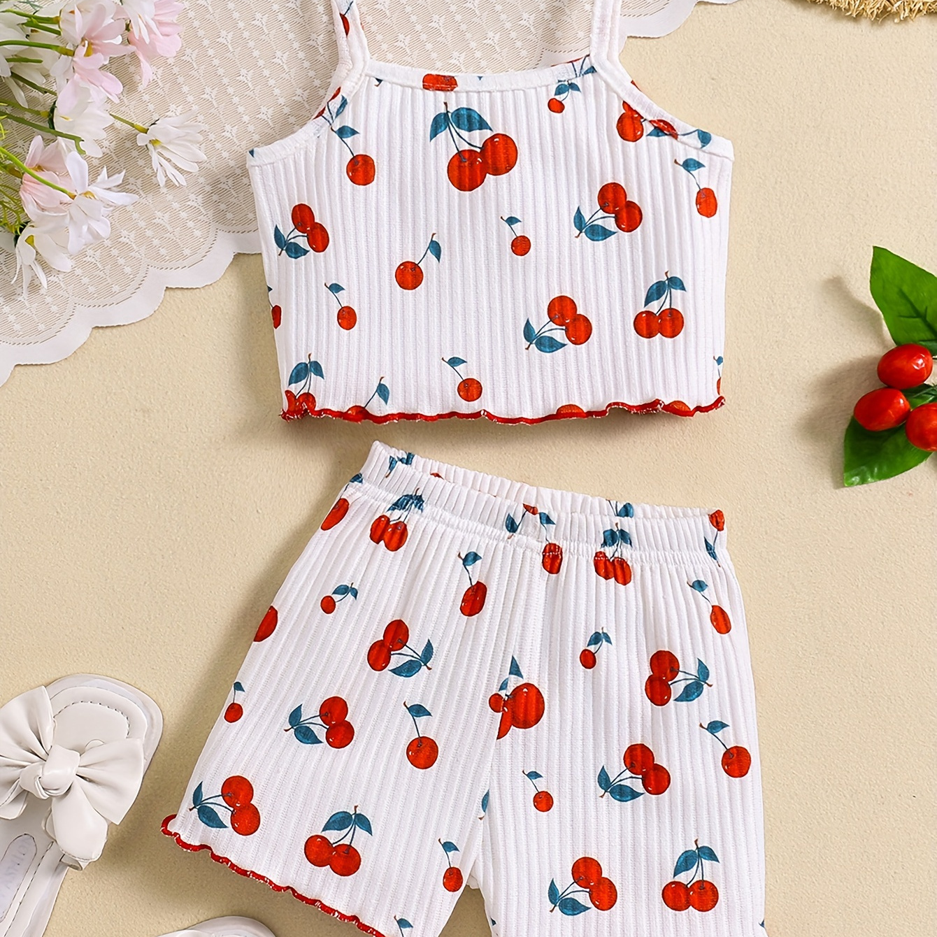 

2pcs Girls Cute Cherry Graphic Outfits Ribbed Sets Cami Top + Shorts Set For Summer Party Outdoor