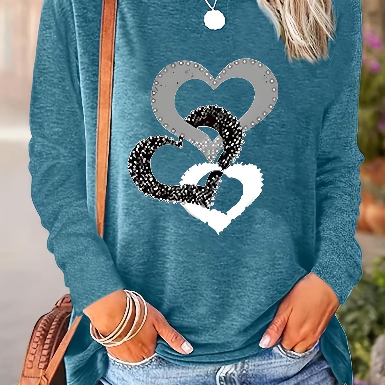 

1pc Women's Casual Polyester Crew Neck Long Sleeve T-shirt With Geometric Heart & Infinity Pattern, Knit Fabric Regular Length Top For Spring/fall