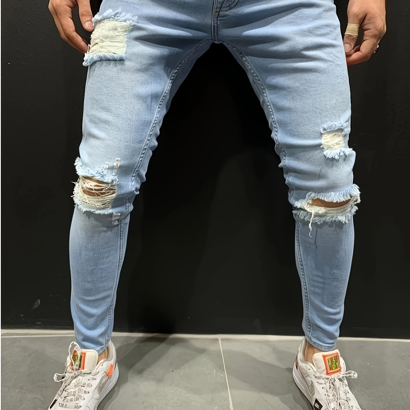 

Solid Slim Fit Ripped Denim Pants For Men, Street Style Versatile Jeans For Males