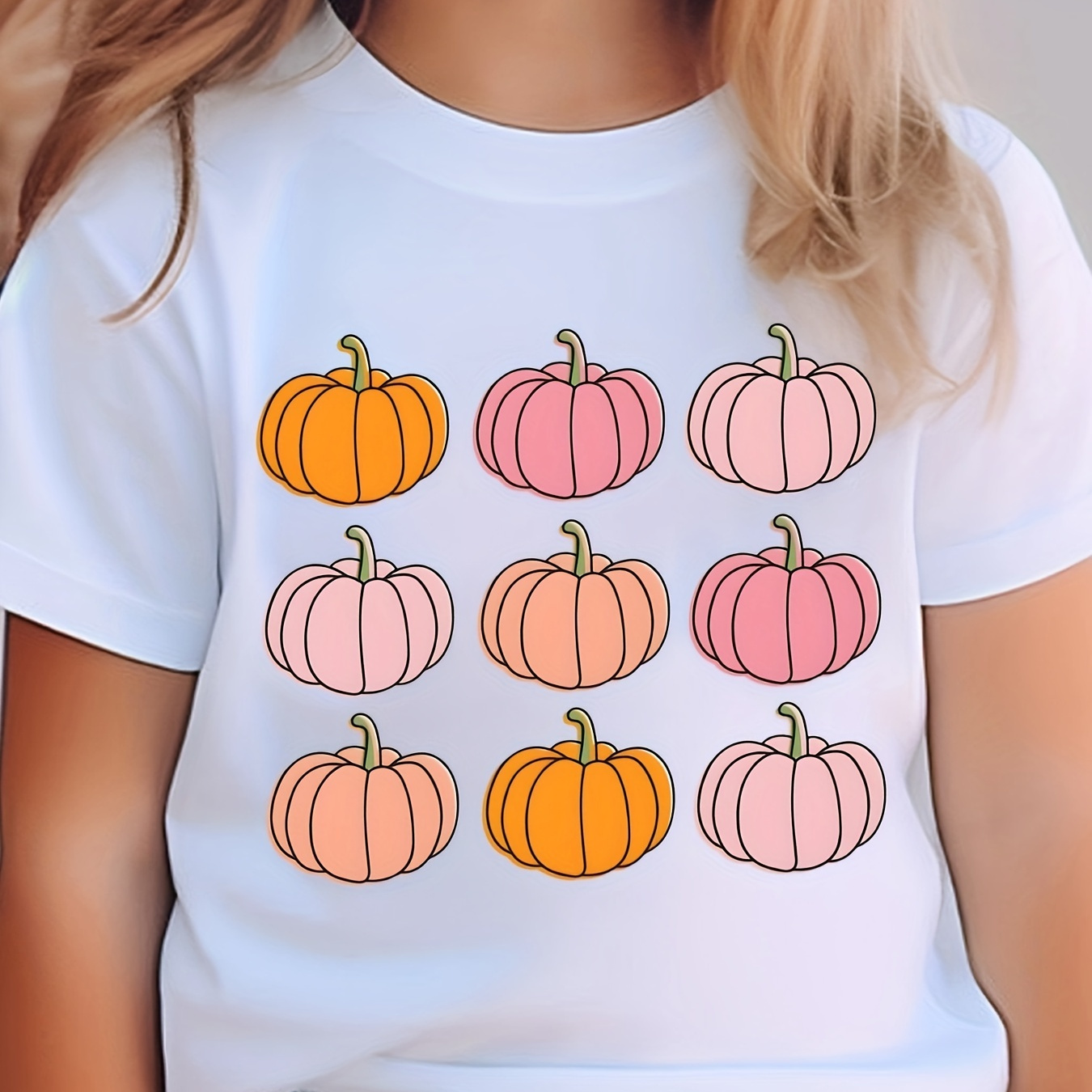 

Girls' Pumpkin Print T-shirt - Cute Fall - Cotton Blend, Machine Washable, Crew Neck, Short Sleeve, Knit Top