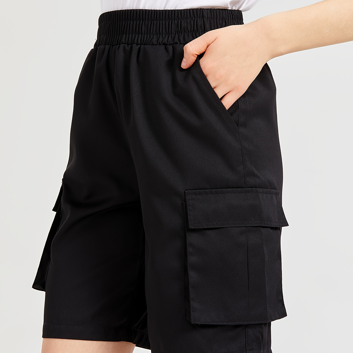 

Solid Pocket Design Cargo Shorts, Casual Elastic High Waist Straight Shorts Spring & Summer, Women's Clothing