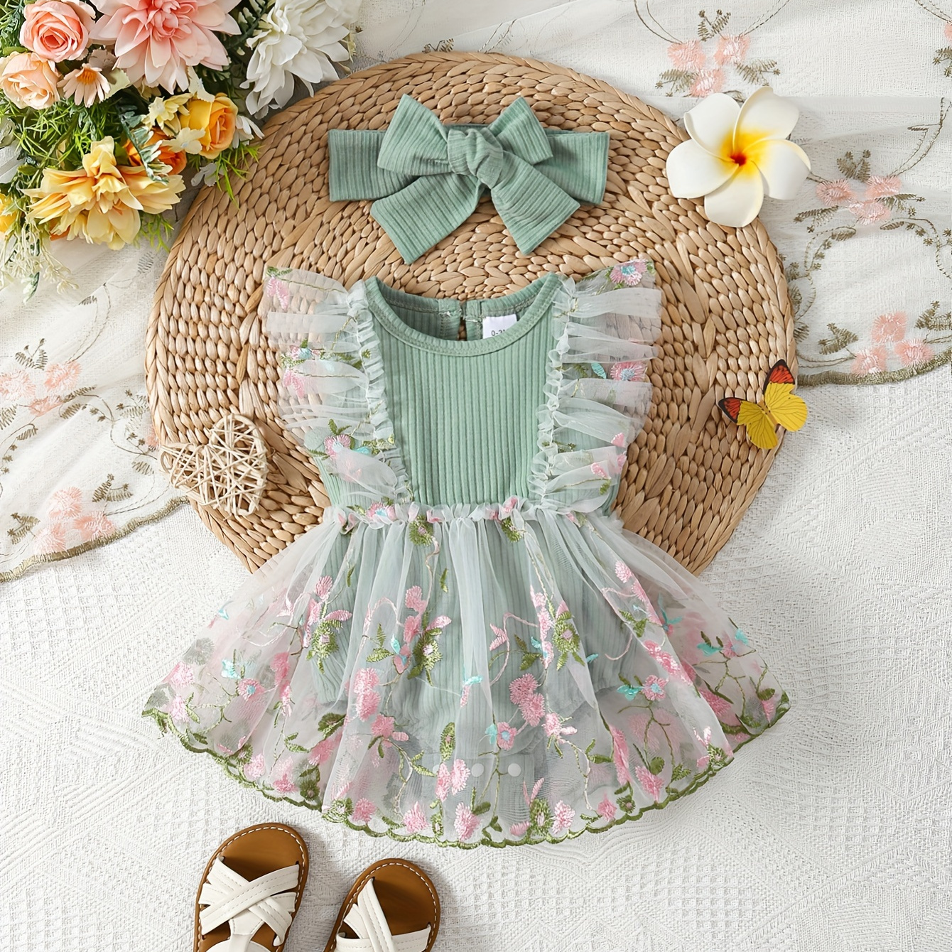 

Baby's Elegant Flower Embroidered Mesh Splicing Bodysuit & Hairband, Lovely Sleeveless Romper Dress, Toddler & Infant Girl's Onesie For Summer, As Gift
