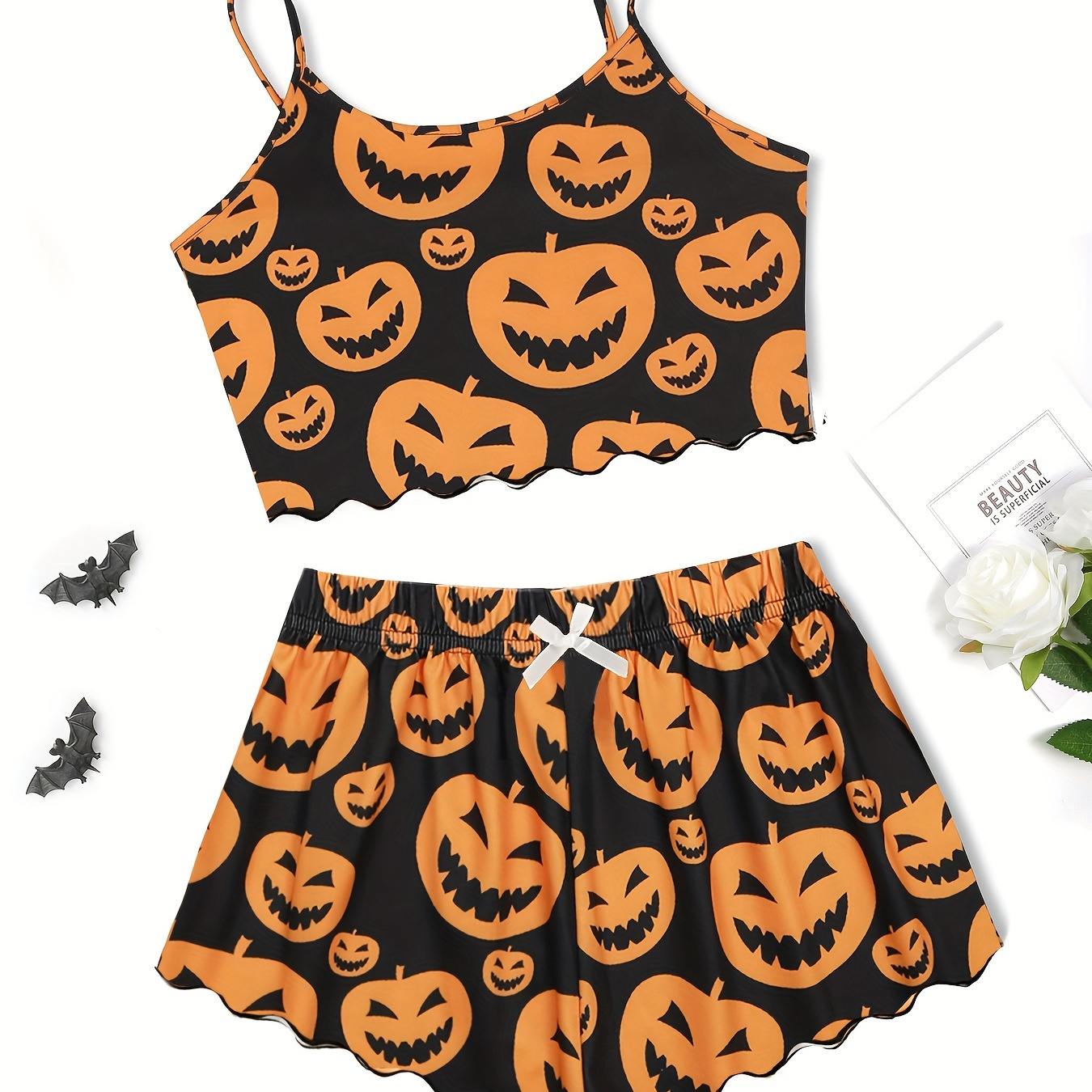 

Pumpkin Print Pajama Set, Crew Neck Cami Top & Lettuce Trim Shorts, Women's Sleepwear & Loungewear