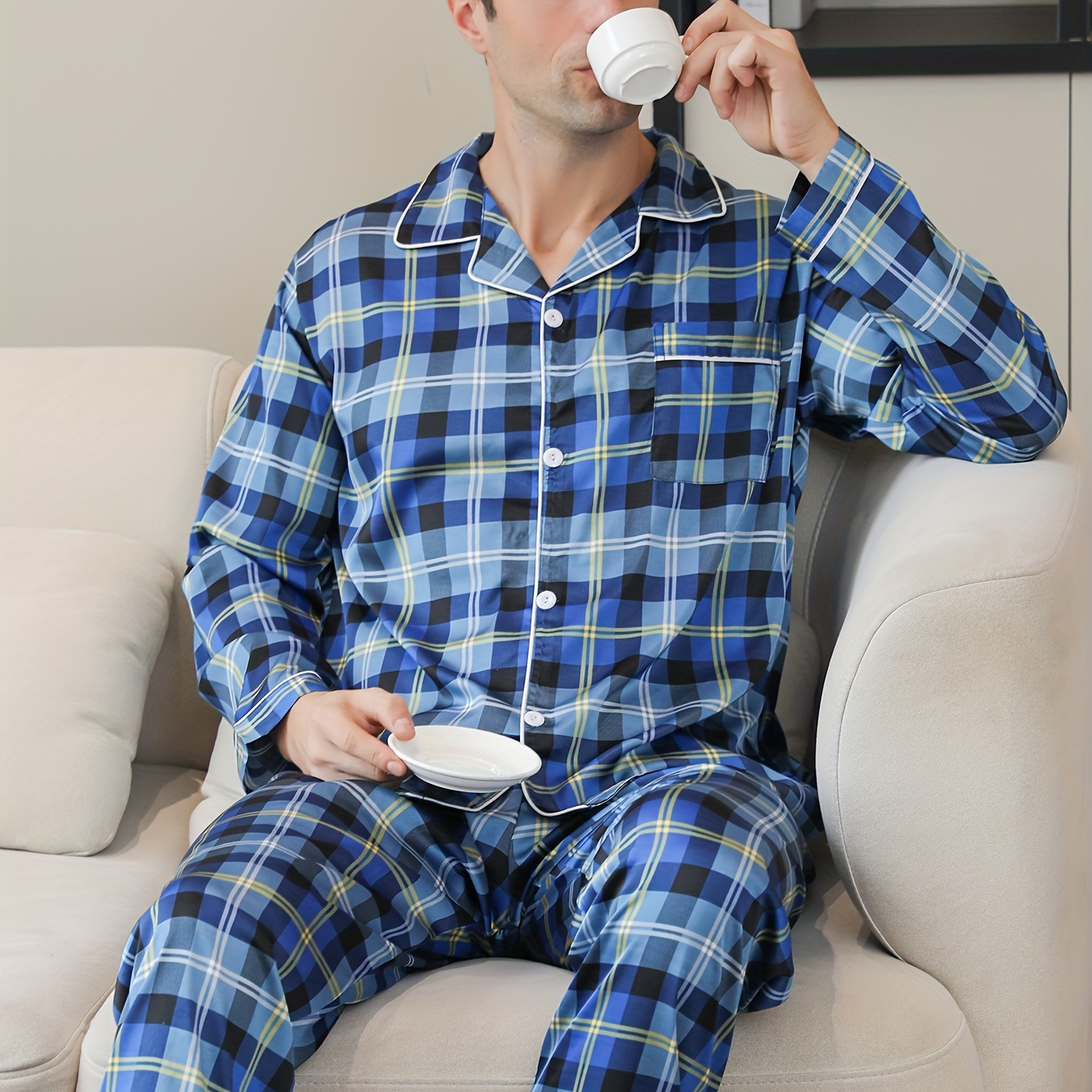 

2pcs Men's Pajama Set, Casual Print, Polyester And Spandex , Non-stretch, Regular Fit, With Long Sleeve And Pants For Spring/autumn Sleepwear