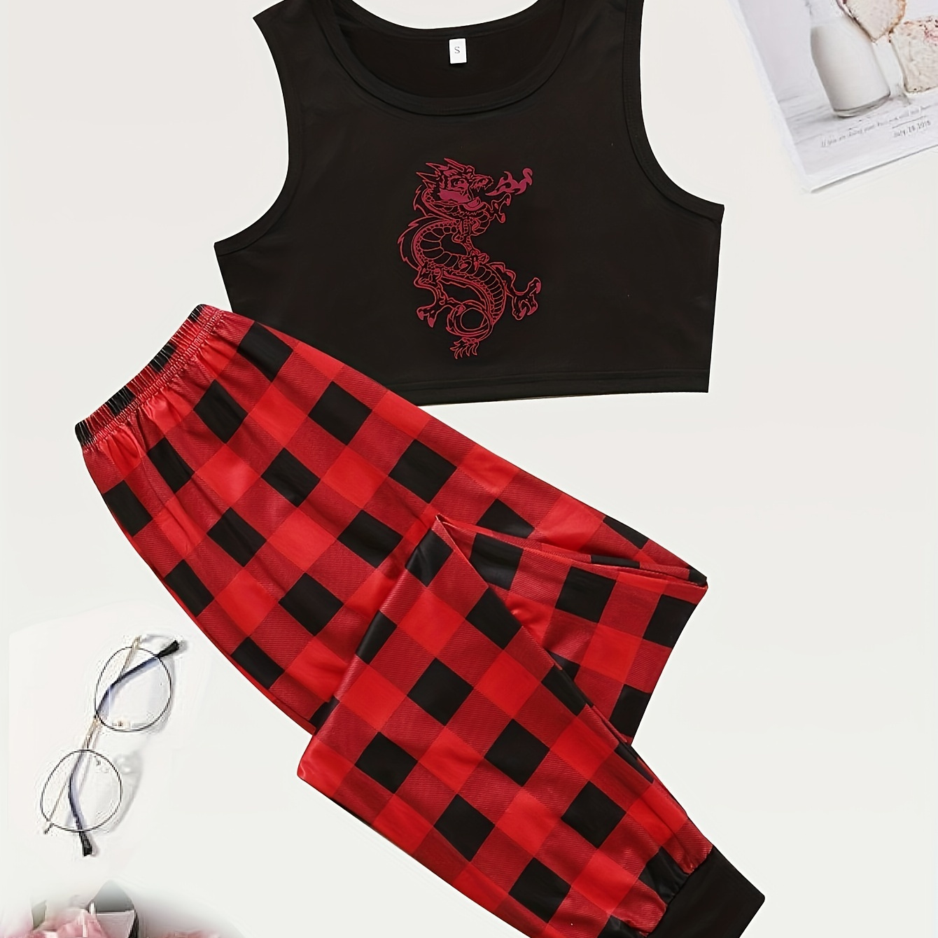 

Women's Chinese Loong Print Casual Pajama Set, Round Neck Crop Tank Top & Plaid Jogger Pants, Comfortable Relaxed Fit