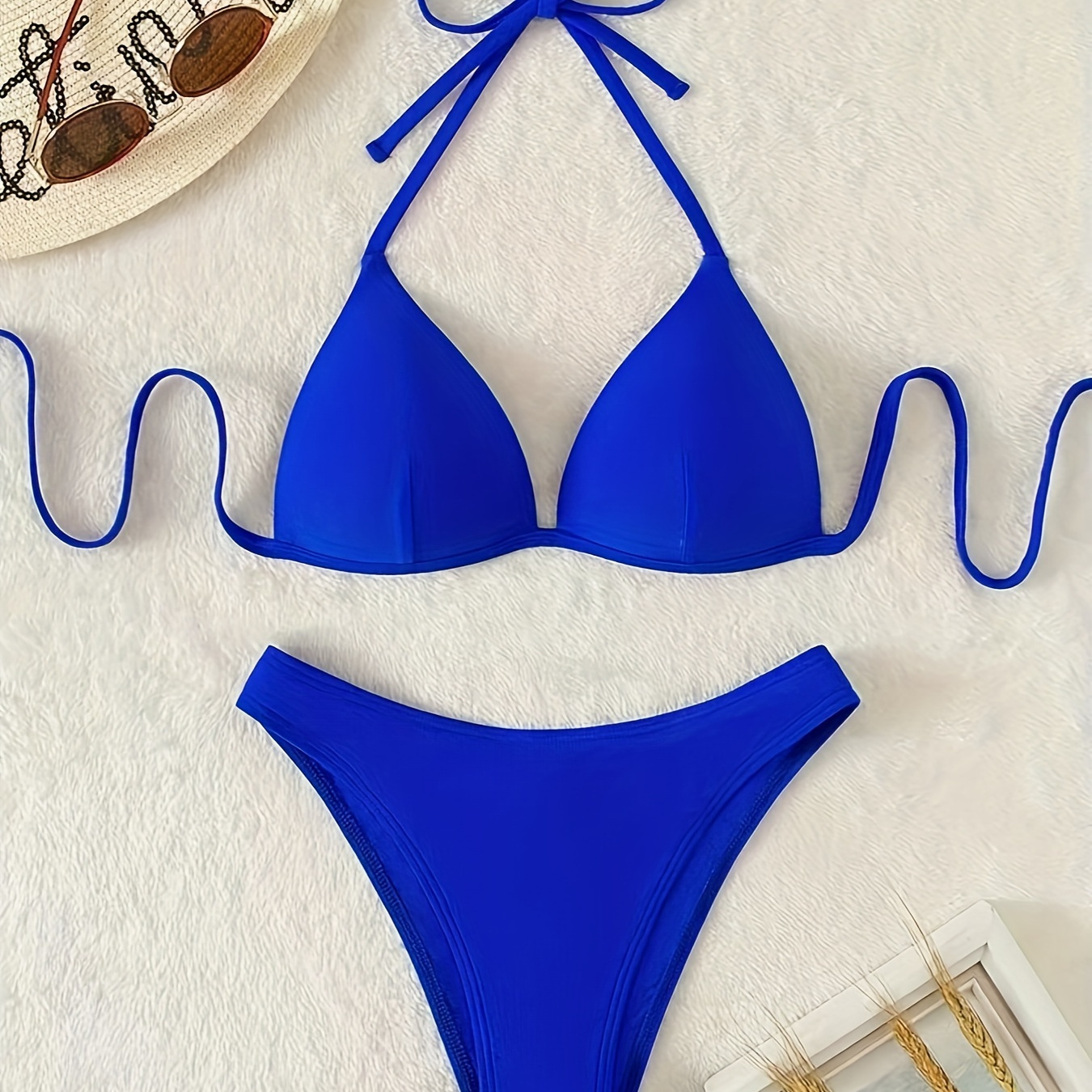

Ensemble bikini de couleur unie, coupe haute, maillot de bain deux pièces à col licou, maillots de bain extensibles pour femmes, essentiel d'été pour piscine et plage