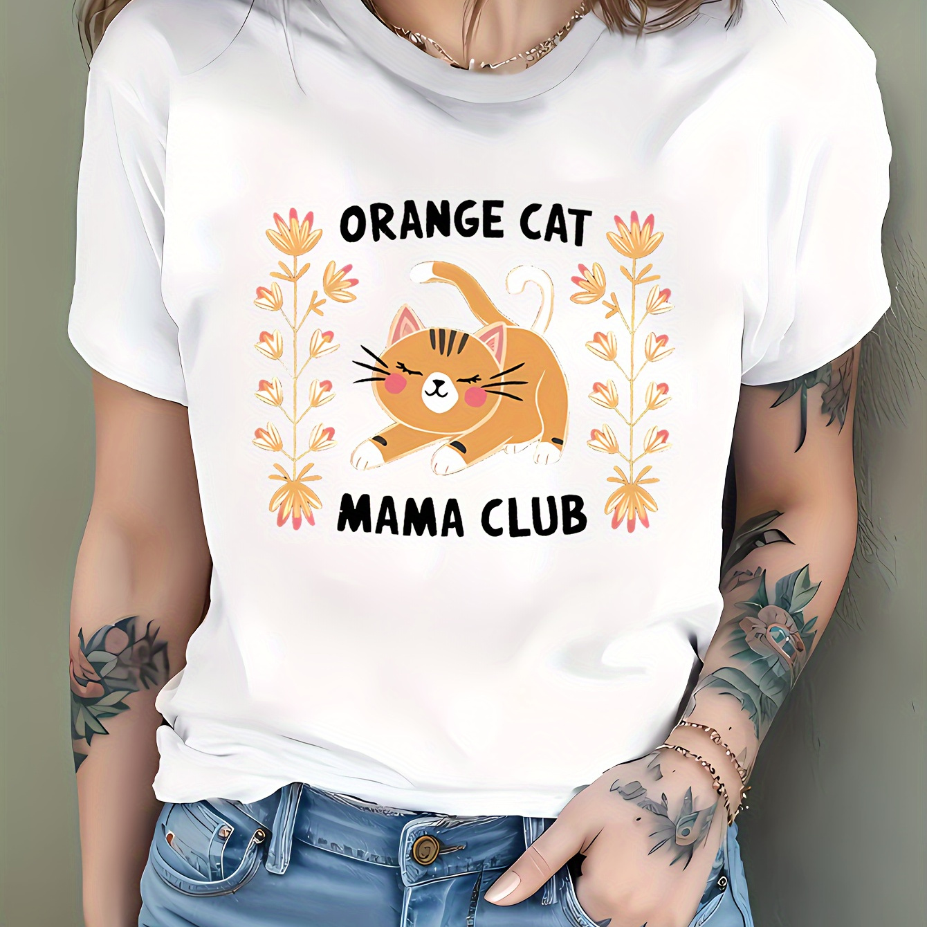 

Ladies Casual T-shirt With Orange Cat Design - Knit Fabric, Polyester Blend, Round Neckline, All Seasons, Cartoon Pattern