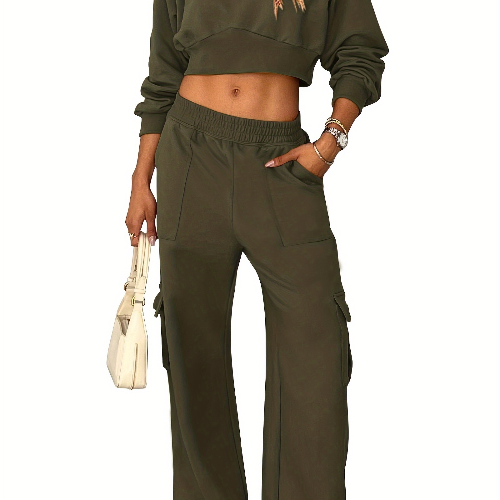 

Casual Solid Color Two-piece Pants Set, Long Sleeve Crew Neck Top & Skinny Elastic Waist Slant Pockets Pants Outfits, Women's Clothing