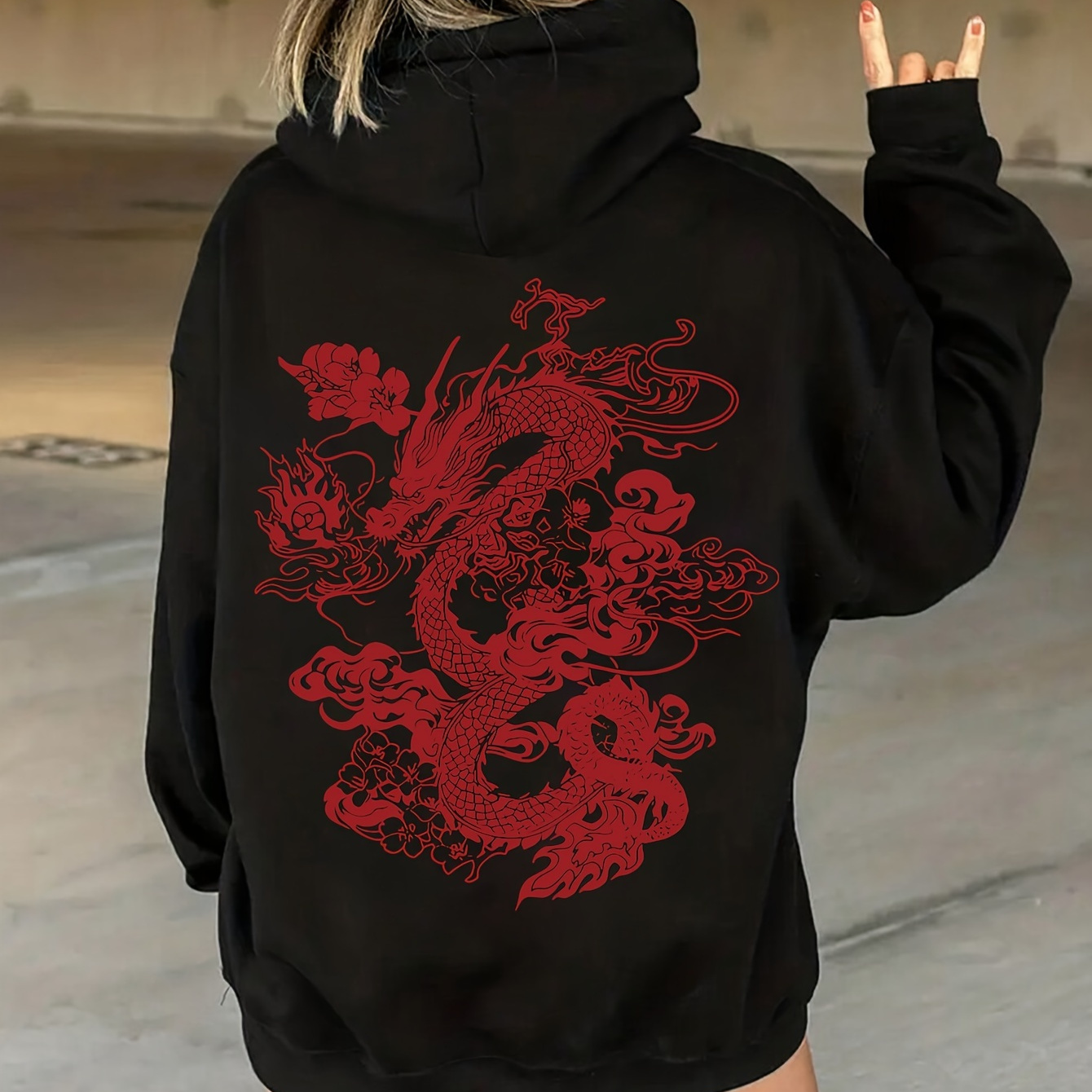 

Sweat à capuche à cordon de serrage avec imprimé dragon, sweat à capuche décontracté à manches longues avec poche , vêtements pour femmes