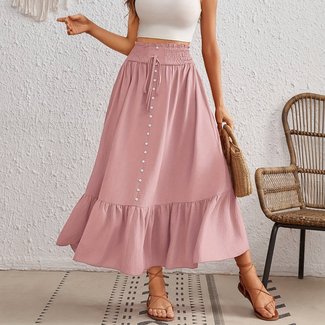 

Button Decor High Waist Shirred Skirt, Casual A-line Tied Skirt For Spring & Summer, Women's Clothing