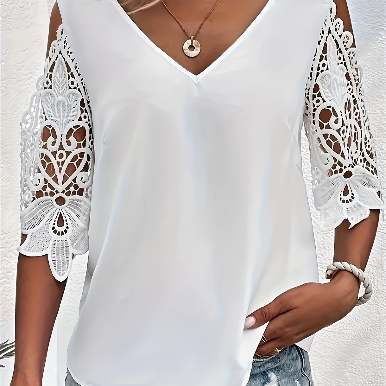 

Plus Size Floral Lace Stitching V Neck T-shirt, Casual Cutout Half Sleeve Top For Spring & Summer, Women's Plus Size Clothing