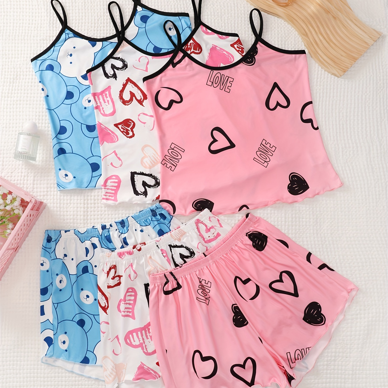 

6pcs Women's Sexy Pajama Set - Cartoon Print, Comfy Polyester & Elastane Blend, Machine Washable - Includes Cami Tops & Shorts