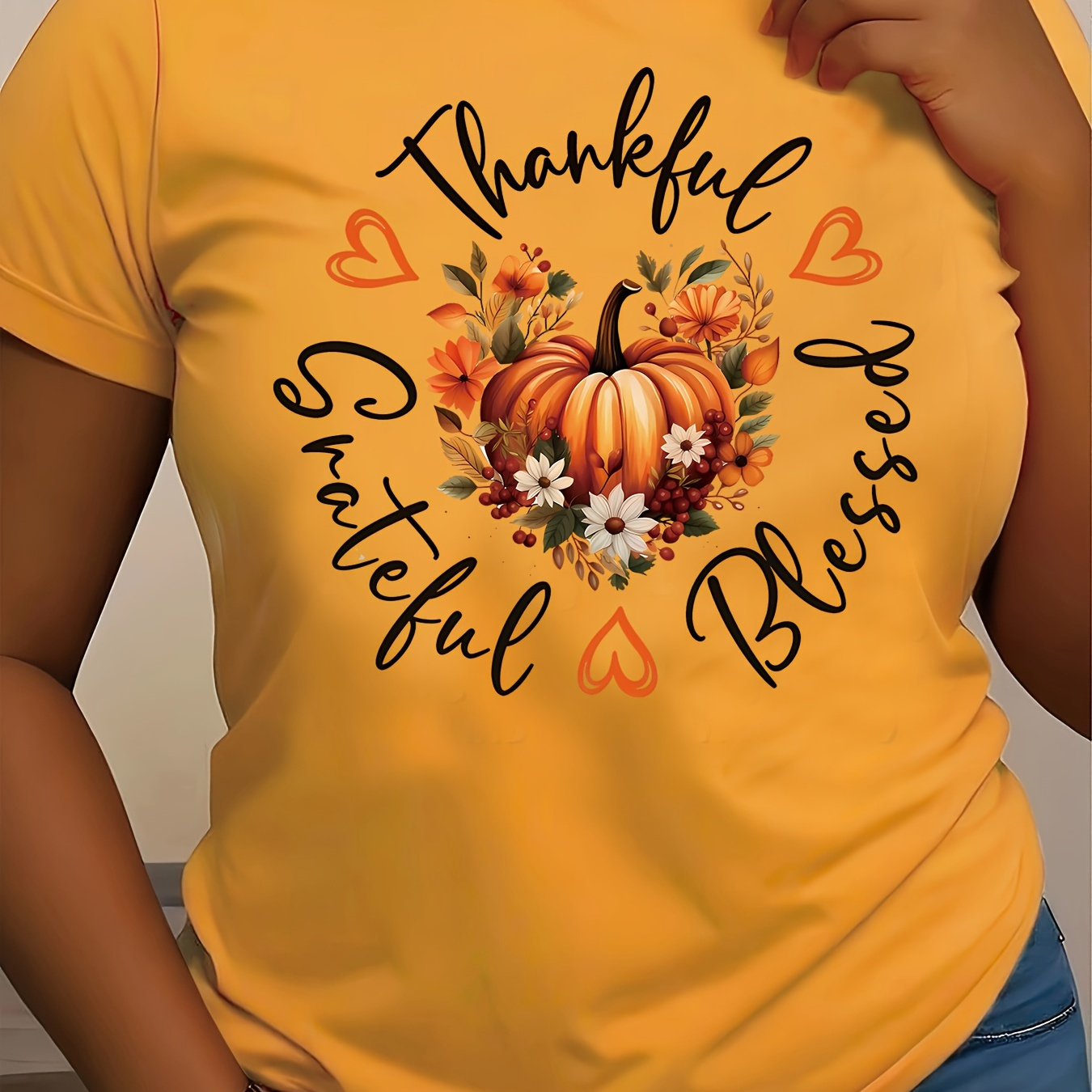 

Blessed Pumpkin Graphic T-shirt, Women's Casual Crew Neck Short Sleeve Top, 100% Polyester Knit Fabric Tee For All