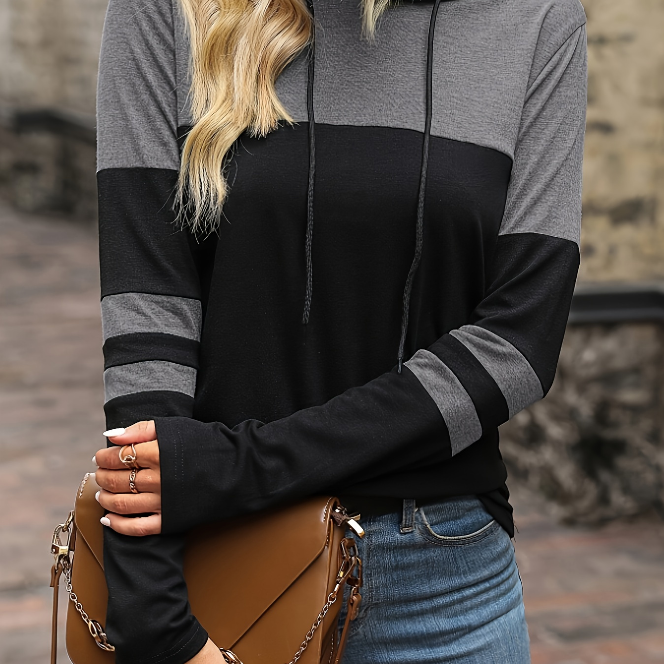 

Color Block Long Sleeve Hoodie, Casual Drawstring Hoodies Sweatshirt, Women's Clothing