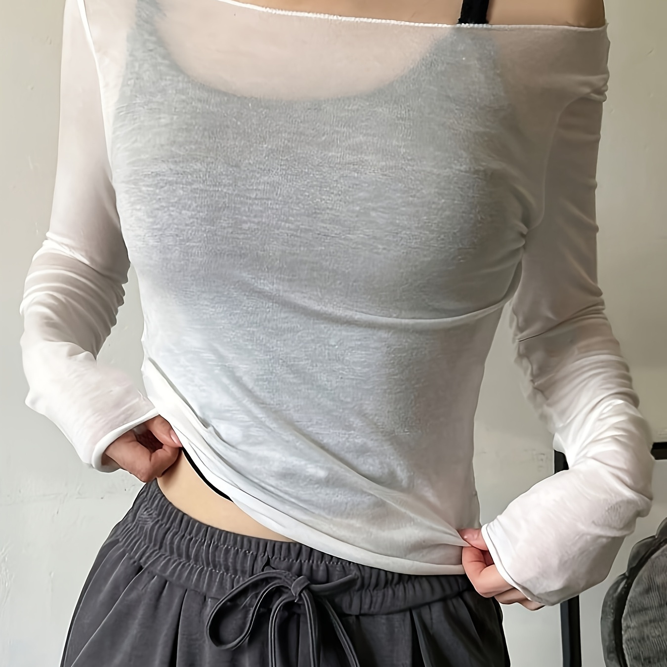 

Elegant Women's Off-shoulder Long Sleeve T-shirt With Sheer Ruffle Detail - Breathable Viscose , , Breathable Clothing|elegant Casual Tee|viscose Fabric