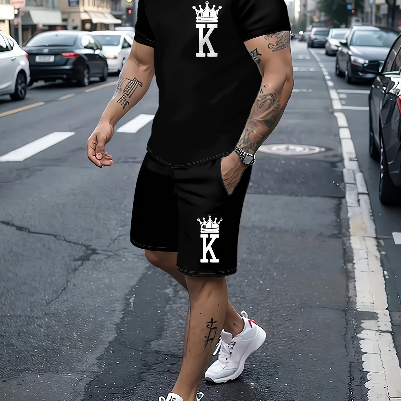

2-piece Men's Crowned Letter "k" Print Summer Outfit Set, Men's Short Sleeve Crew Neck T-shirt & Drawstring Shorts With Pockets