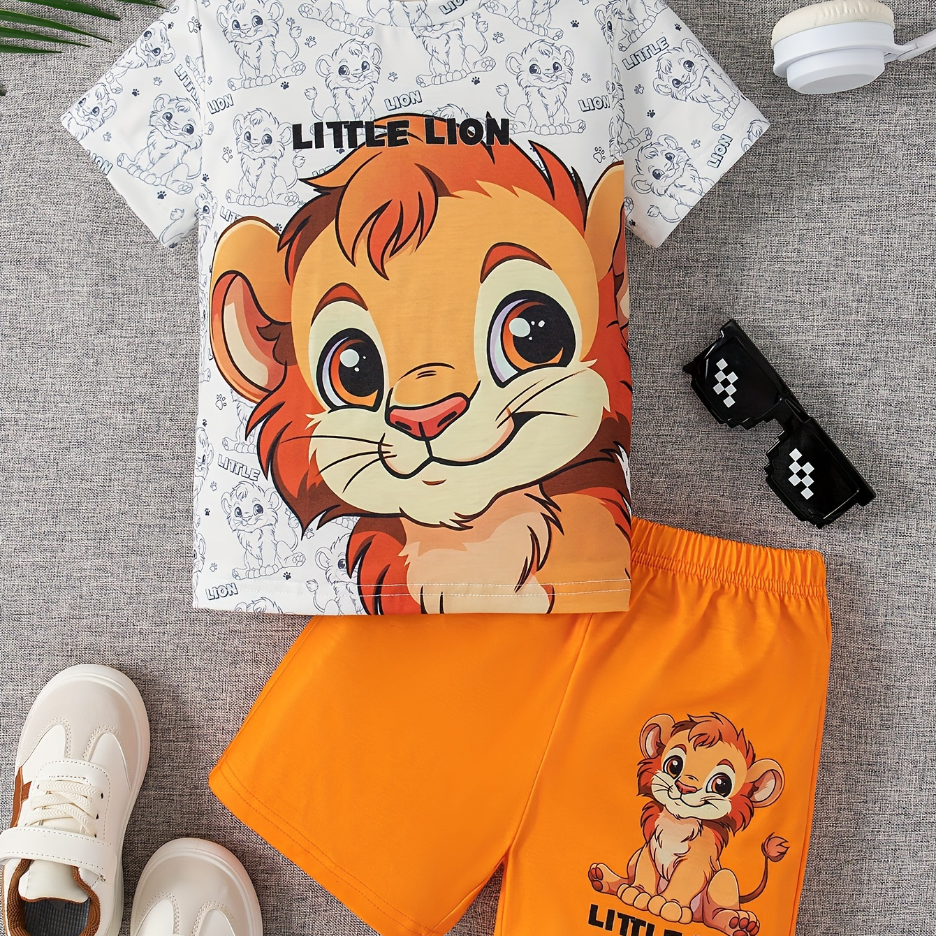 

2pcs Boys Casual Little Lion Print Comfortable Versatile Short Sleeve T-shirt & Shorts Set, Cool, Lightweight And Comfy Summer Clothes!