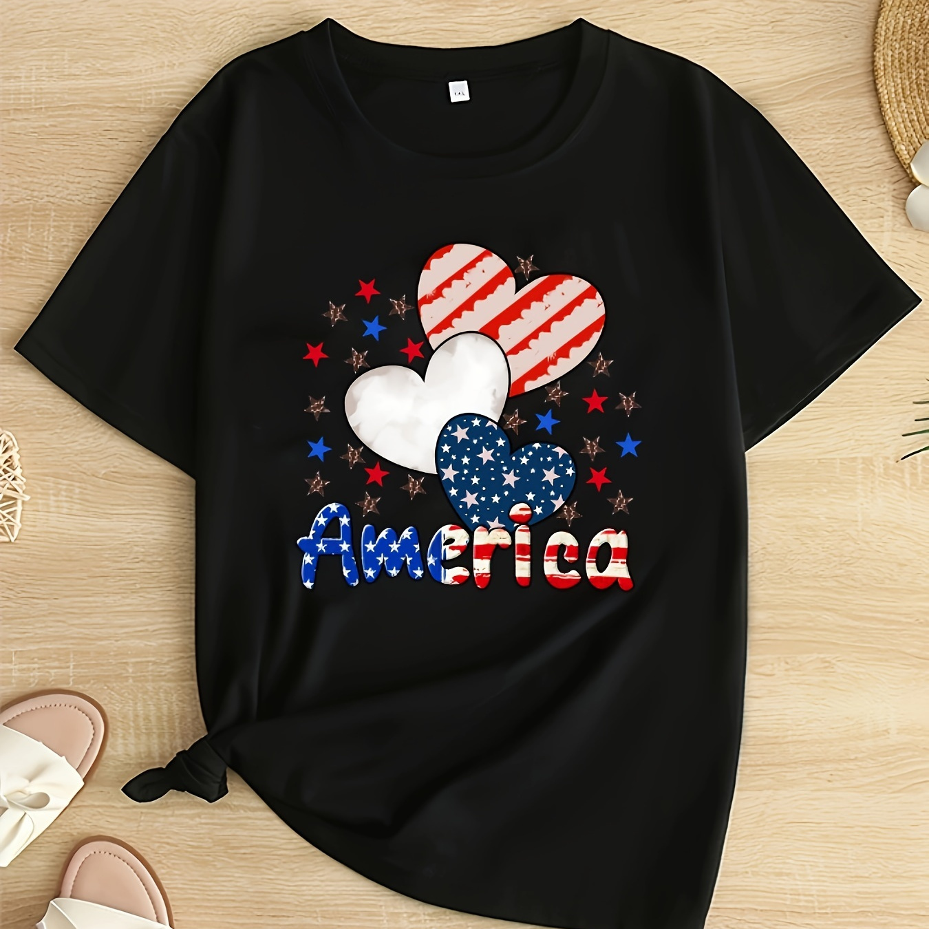

Plus Size Flag Heart & Letter Print T-shirt, Casual Short Sleeve Top For Spring & Summer, Women's Plus Size Clothing