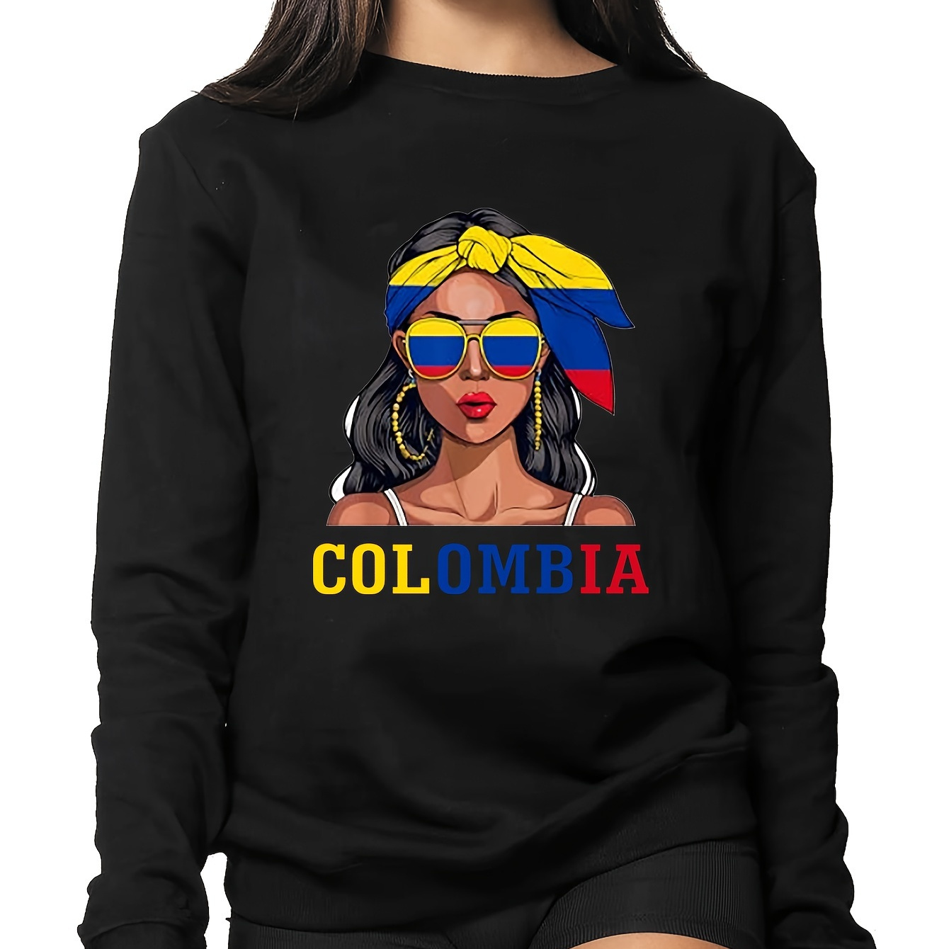 

Women's Colombia Style Graphic Crew Neck Sweatshirt - 100% Polyester Casual Long Sleeve Pullover With Portrait Print - Slight Stretch Knit Fabric For Spring/fall