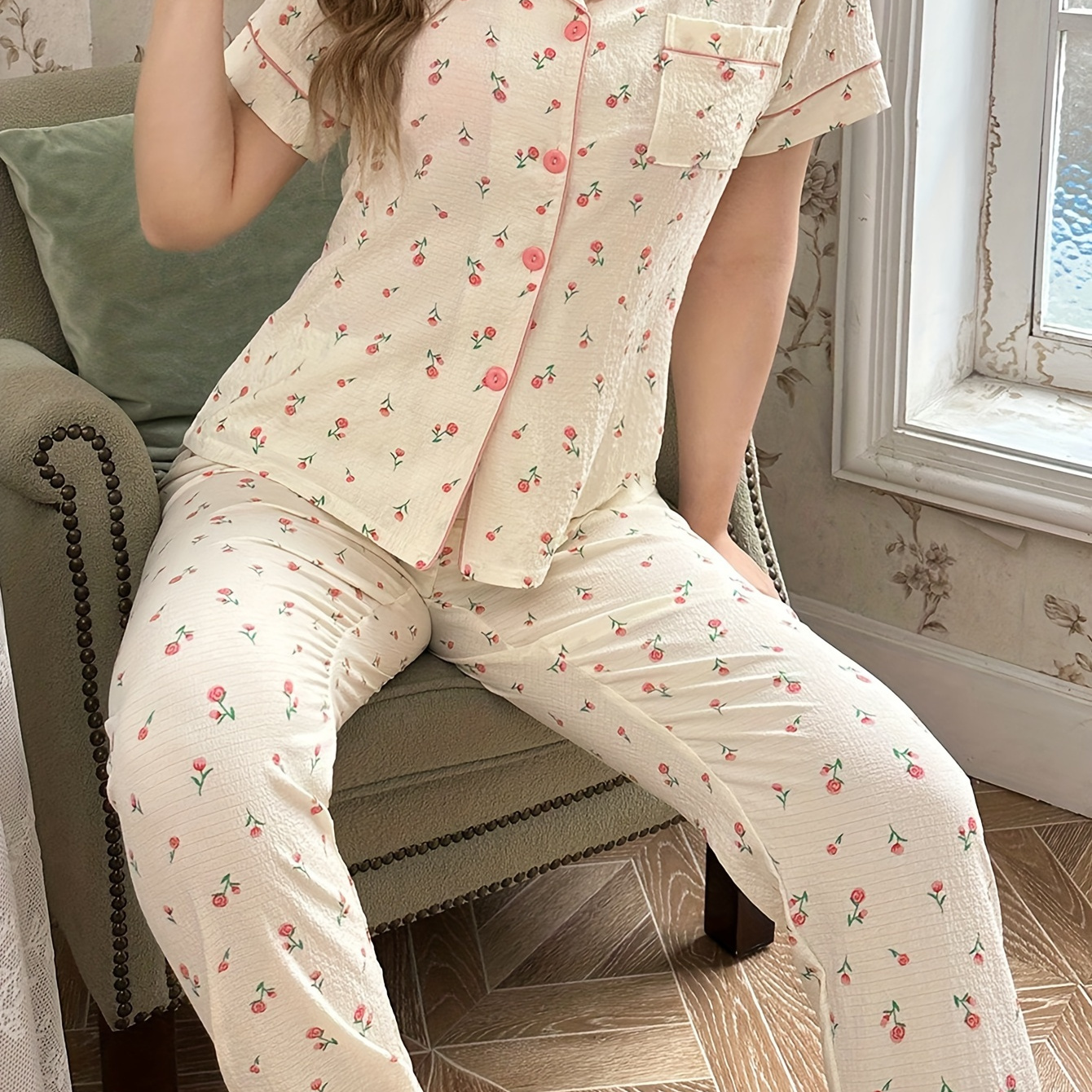 

Women's Summer Pajama Set - Lightweight, Breathable Polyester With Fruit & , Short Sleeve Button- & Long Pants, Machine Washable