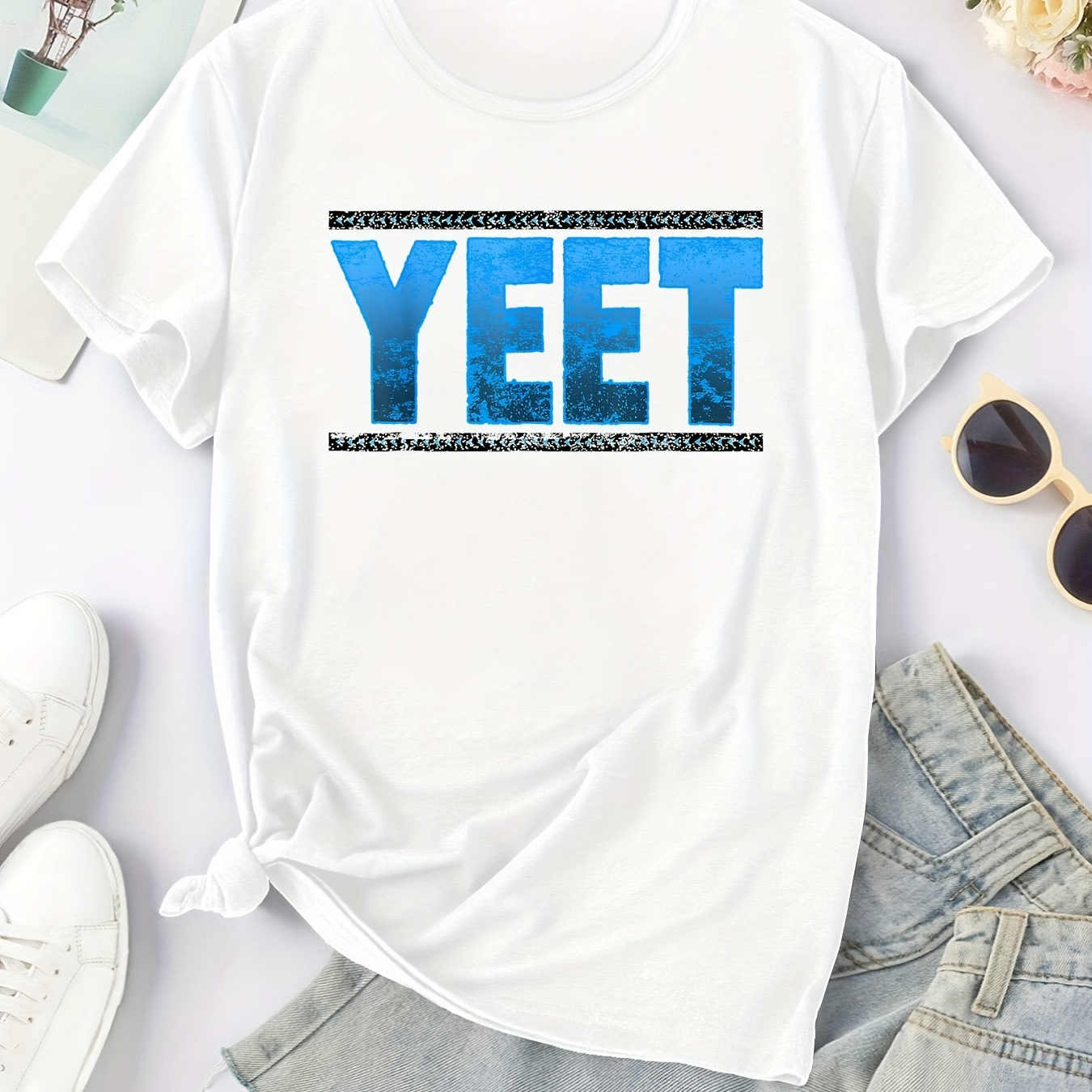 

Yeet Women's Athletic T-shirt - Comfortable & Stretchy Polyester , Short Sleeve Crew Neck, Solid Color With Letter Print For Casual Workouts