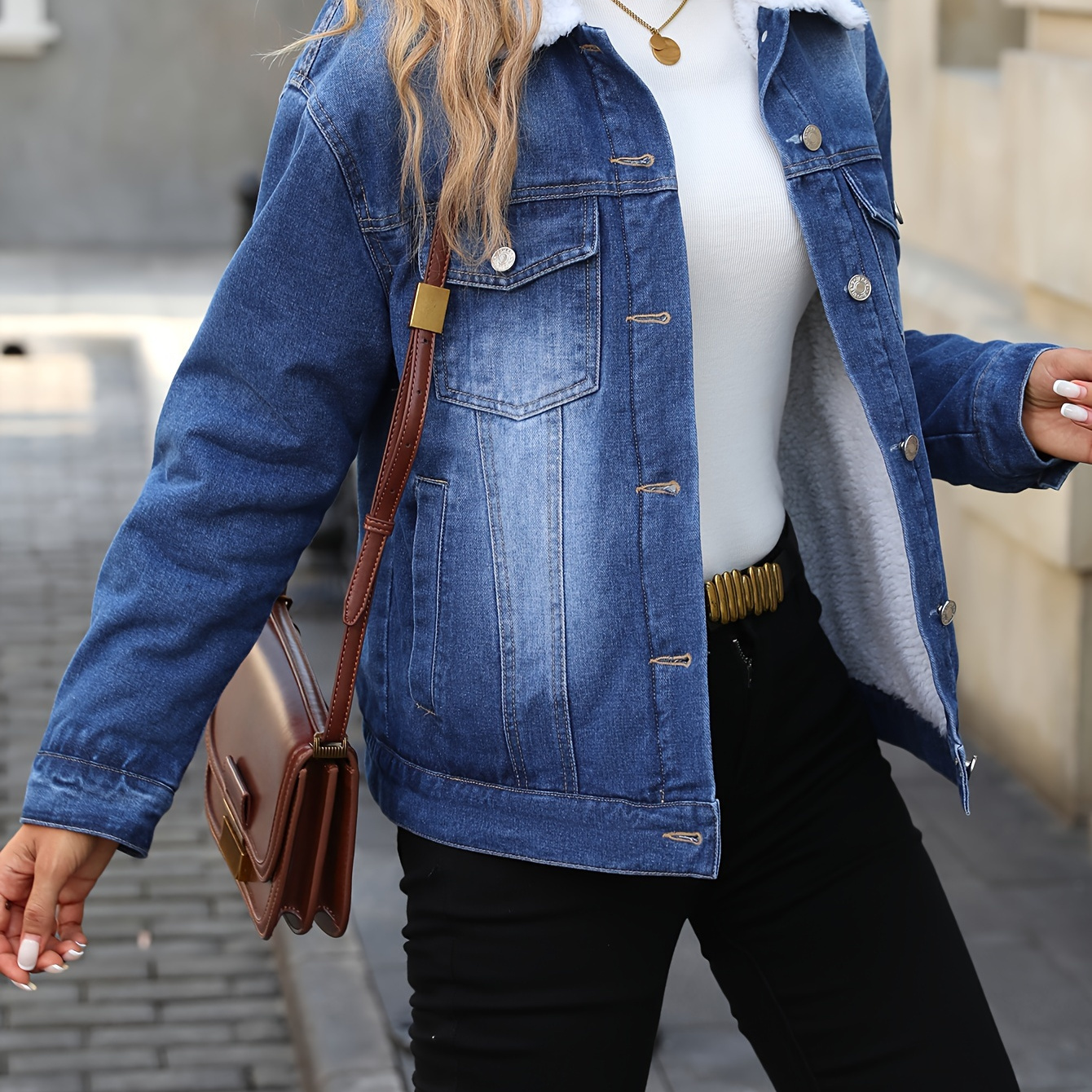 

Elegant Solid Plush Lined Denim Jacket For Fall & Winter, Long Sleeve Button Up Lapel Denim Coat, Women's Denim Jeans & Clothing