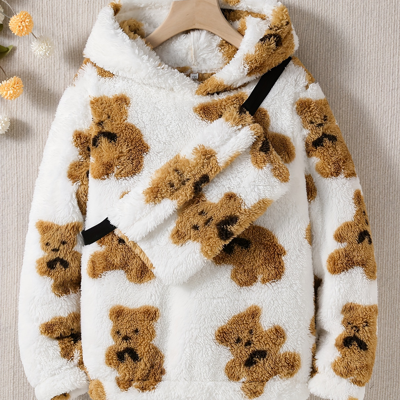 

Girl's Furry Hooded Cute Bears Printed Sweatshirt Coat + Bag Set For Autumn And Winter