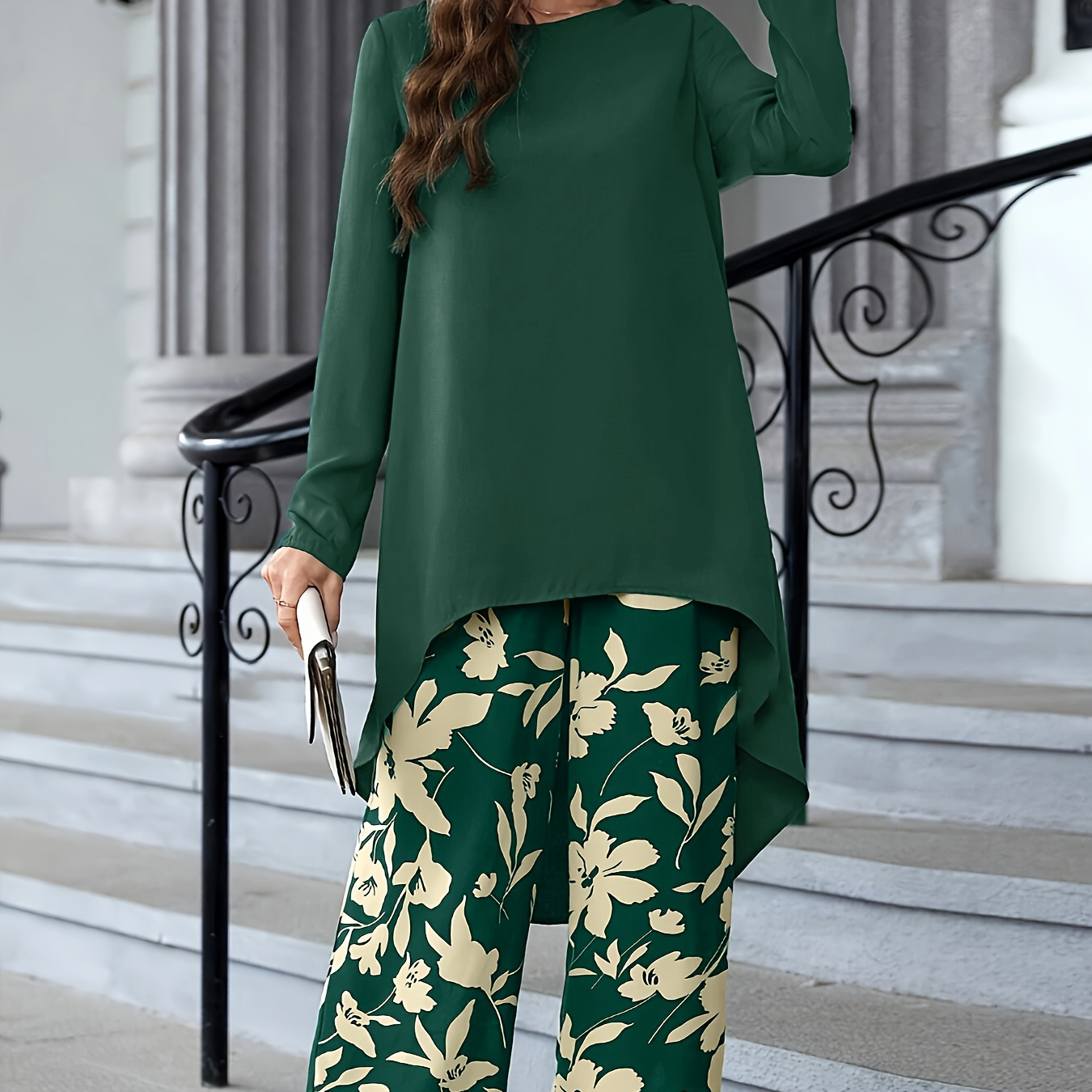 

Elegant 2 Piece Set, Solid High Low Hem Long Sleeve Crew Neck Top & Floral Print Wide Leg Pants Outfits For Spring & Fall, Women's Clothing