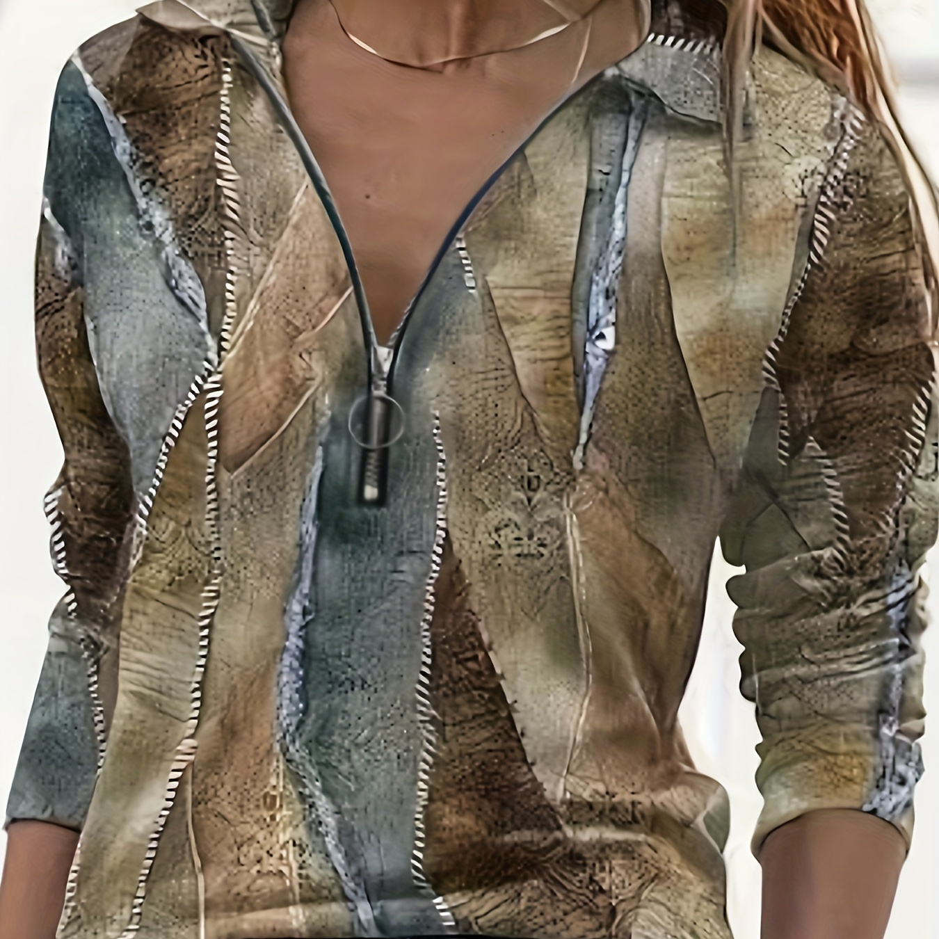 

All Over Print Zip Front T-shirt, Casual Long Sleeve Top For Spring & Fall, Women's Clothing