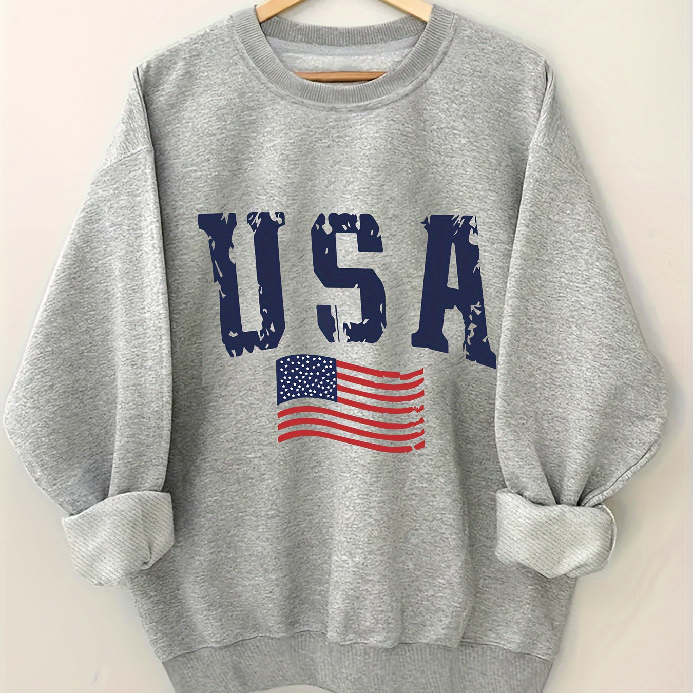 

Plus Size Usa Print Pullover Sweatshirt, Casual Long Sleeve Crew Neck Sweatshirt For Fall & Spring, Women's Plus Size Clothing