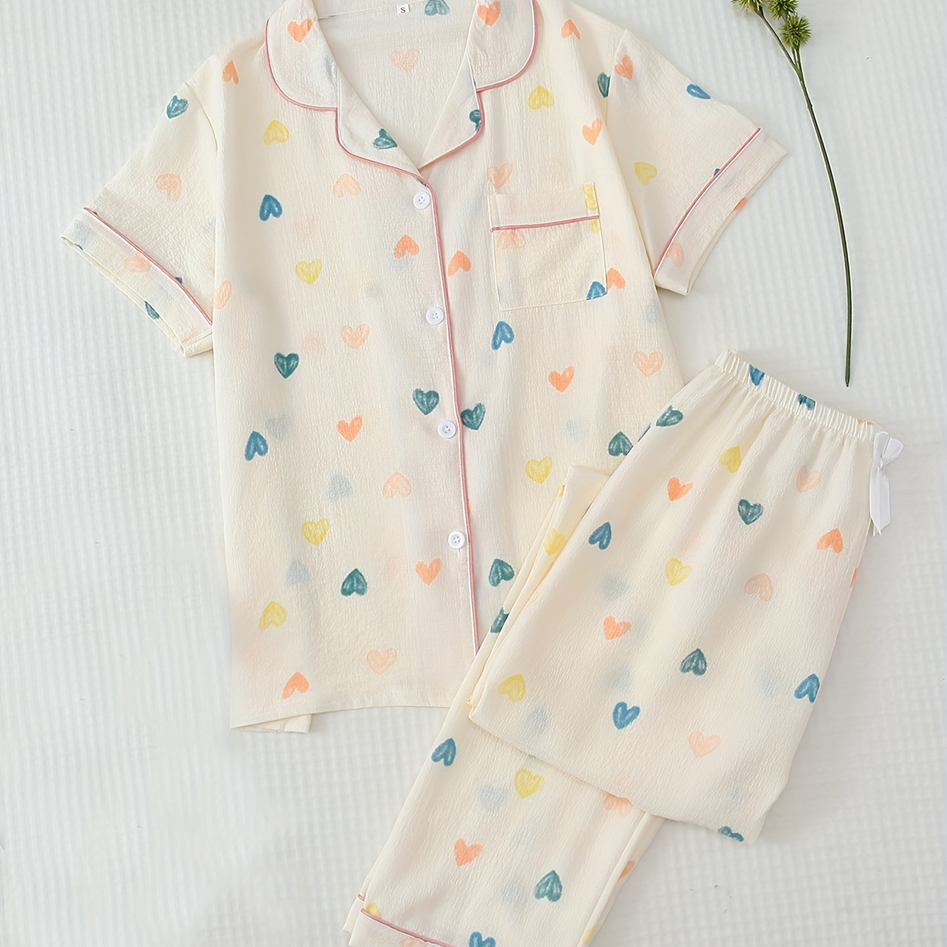 

Heart Print Pajama Set, Short Sleeve Button Up Top & Elastic Waistband Pants, Women's Sleepwear & Loungewear