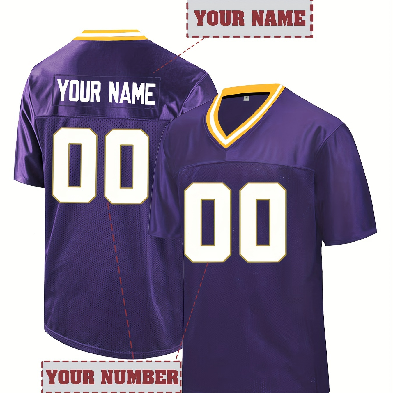 

Customizable Men's Football Jersey - Personalized Name & Number, Breathable Polyester, V-neck, Short Sleeve, Sports Shirt For & Casual Wear