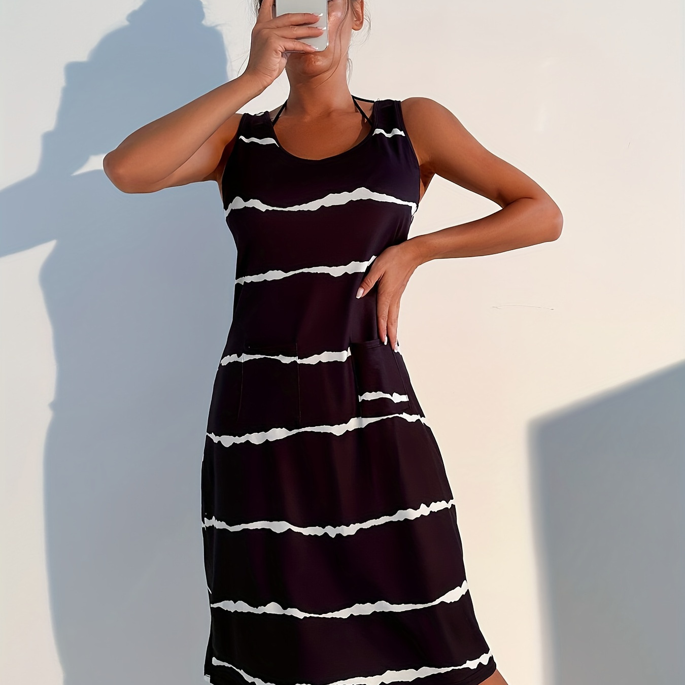 

Irregular Stripe Print Lounge Dresses, Comfy Crew Neck Sleeveless Tank Home Dress, Women's Loungewear & Dresses