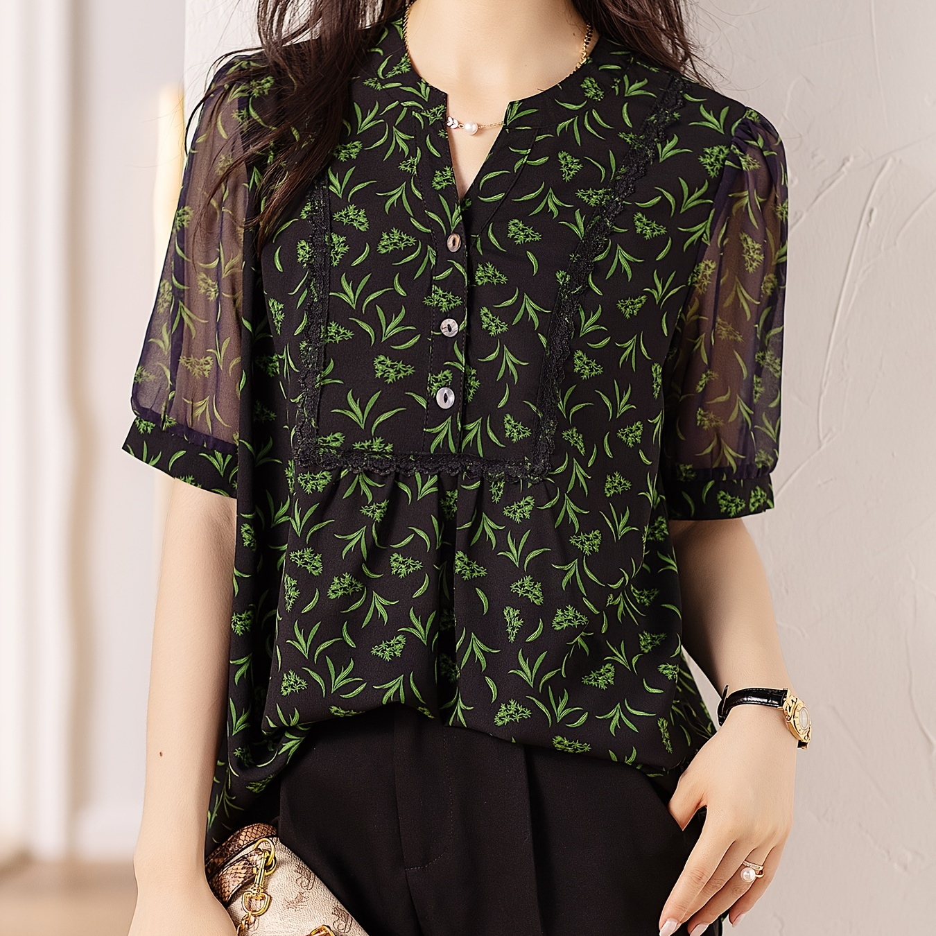 

Plus Size Plant Print Notched Neck Blouse, Elegant Button Front Short Sleeve Lace Stitching Blouse For Spring & Summer, Women's Plus Size Clothing