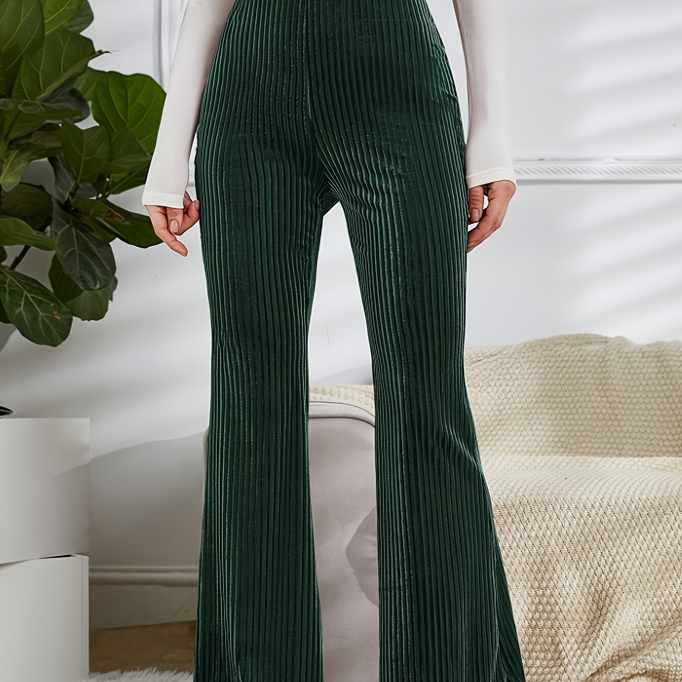 

Pantalon évasé en velours de couleur unie, élégant à taille haute, polyvalent pour les déplacements quotidiens, pour et l'été, vêtements pour femmes.