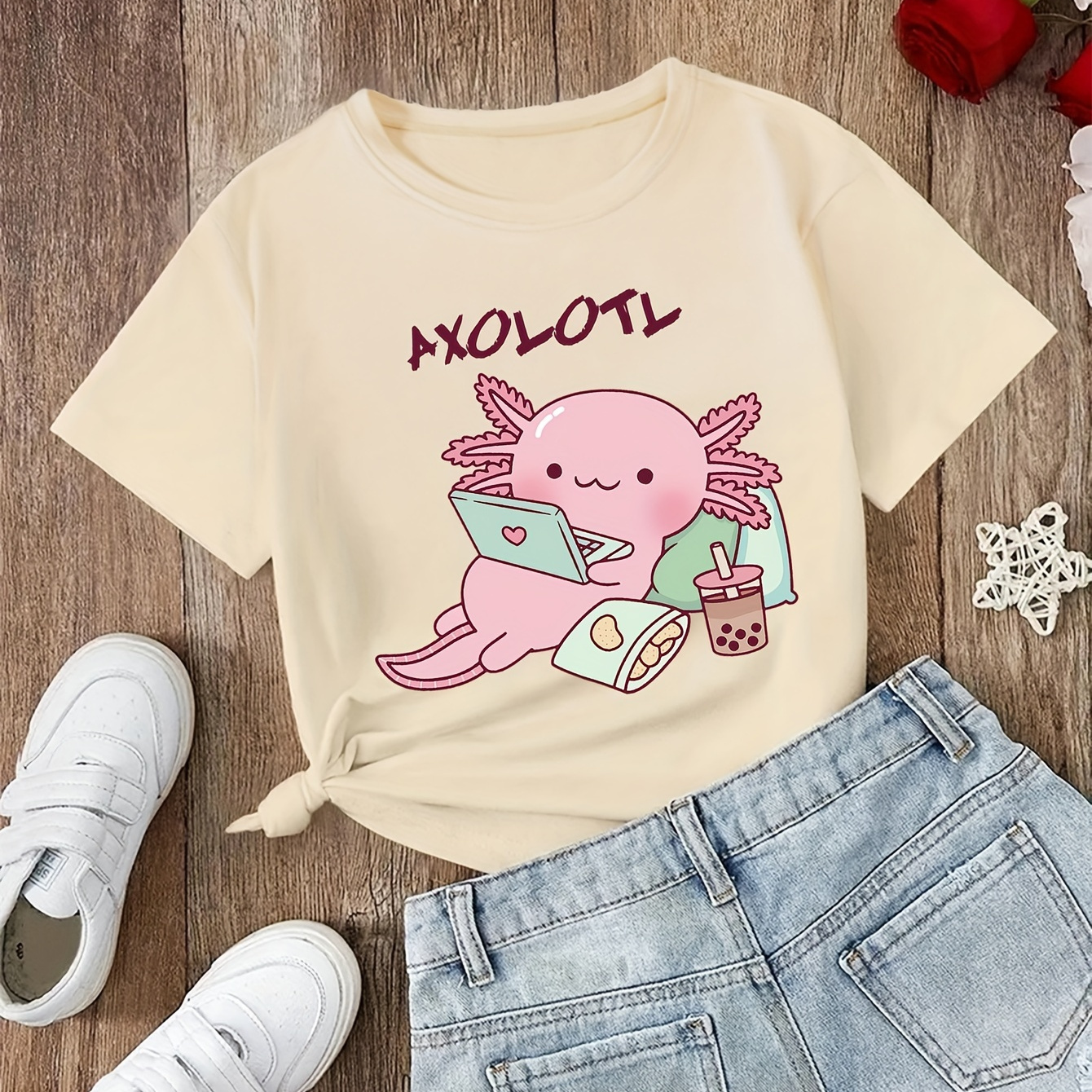 

Cartoon Axolotl With Laptop & Bubble Tea Graphic Print, Tween Girls' Casual & Comfy Crew Neck Short Sleeve Tee For Spring & Summer, Tween Girls' Clothes For Outdoor Activities