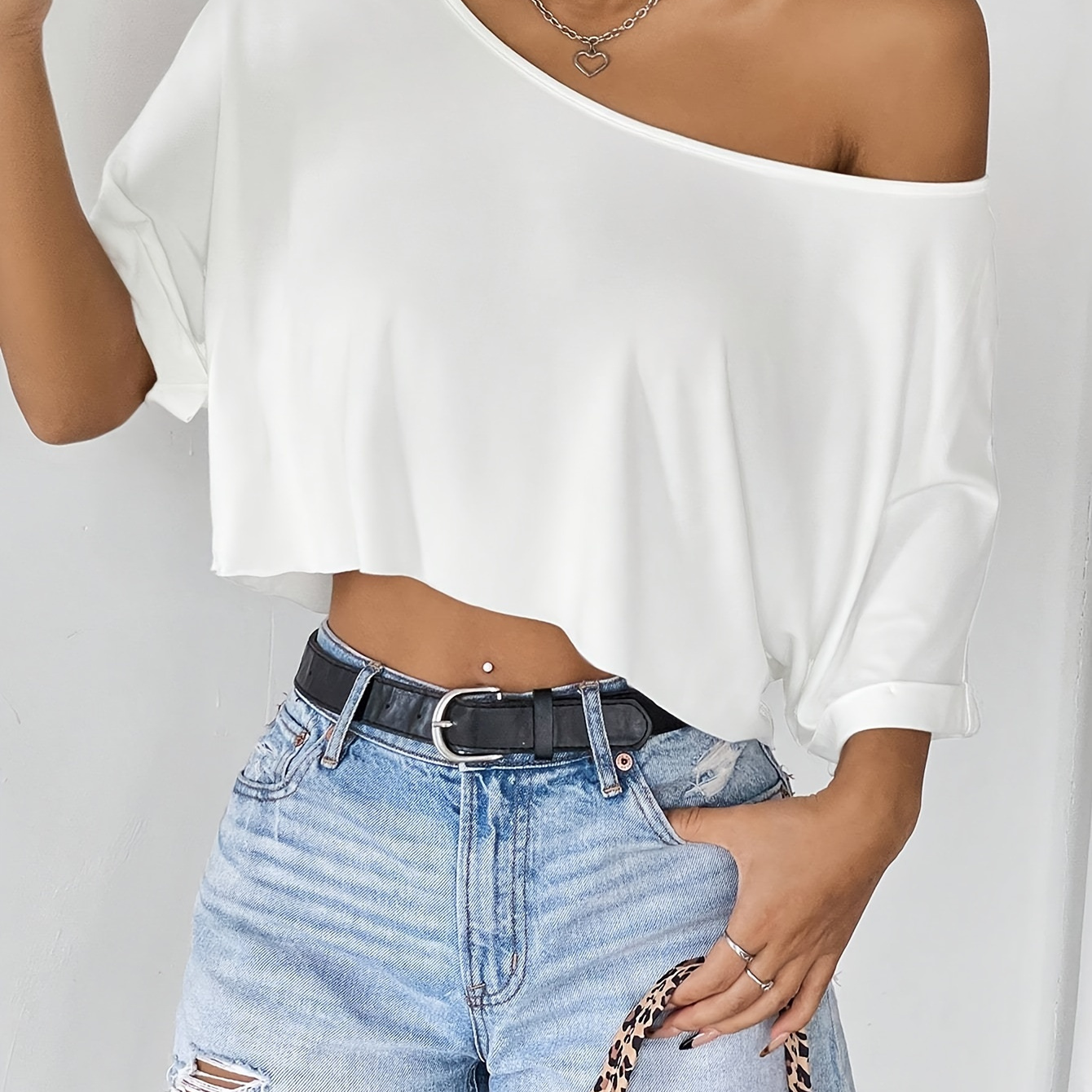 

1 Shoulder Elegant Crop Top T-shirt For Women, Solid Color Knit Polyester With Rayon And Spandex, Casual Short Length Tee With No - Suitable For All