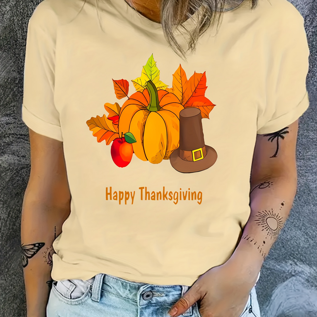 

Thanksgiving Graphic Print Summer T-shirt, Casual Short Sleeve Crew Neck Top, Women's Clothing