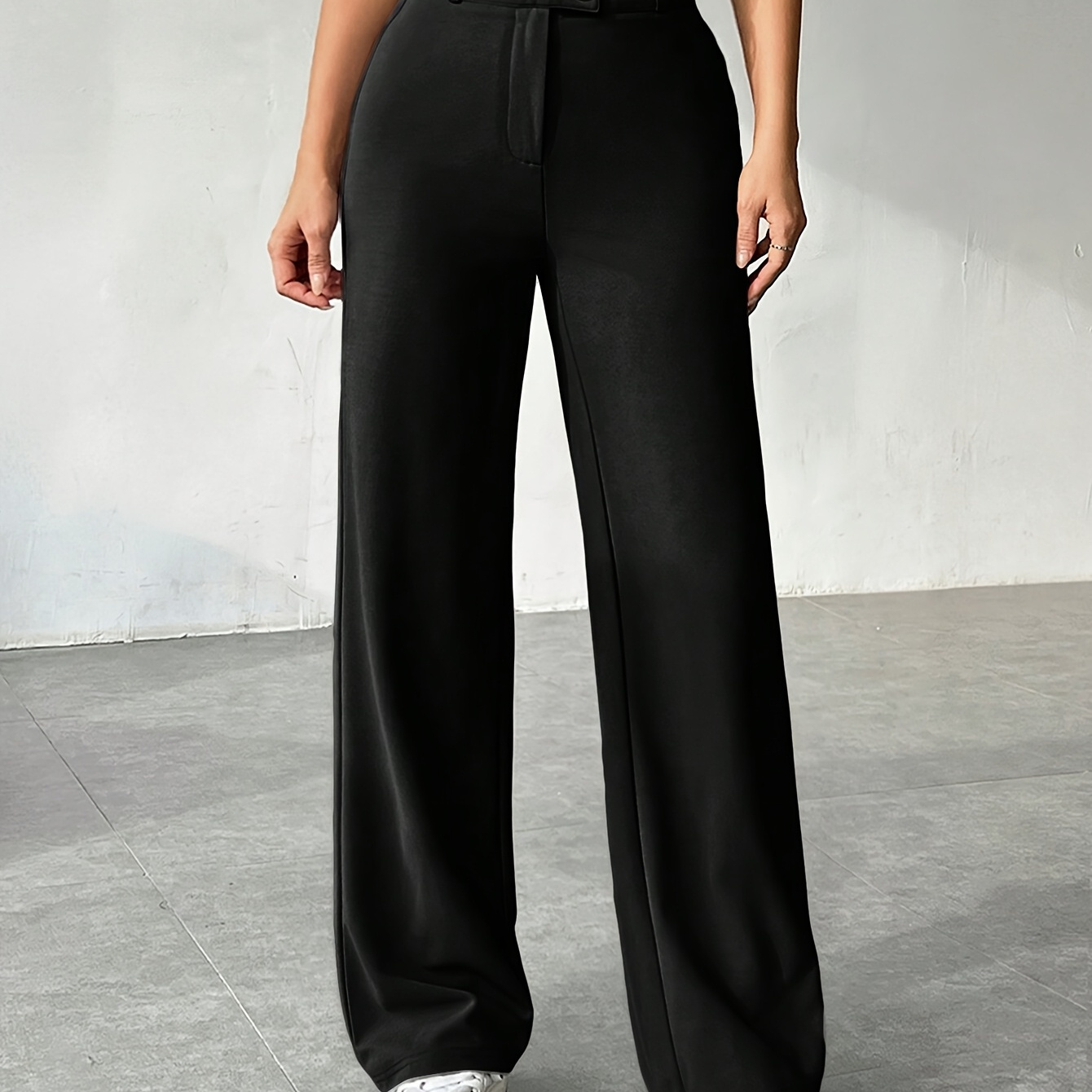 

Women's High-waisted Straight Leg Pants, Casual Solid Color, Polyester Woven Trousers For Spring/fall