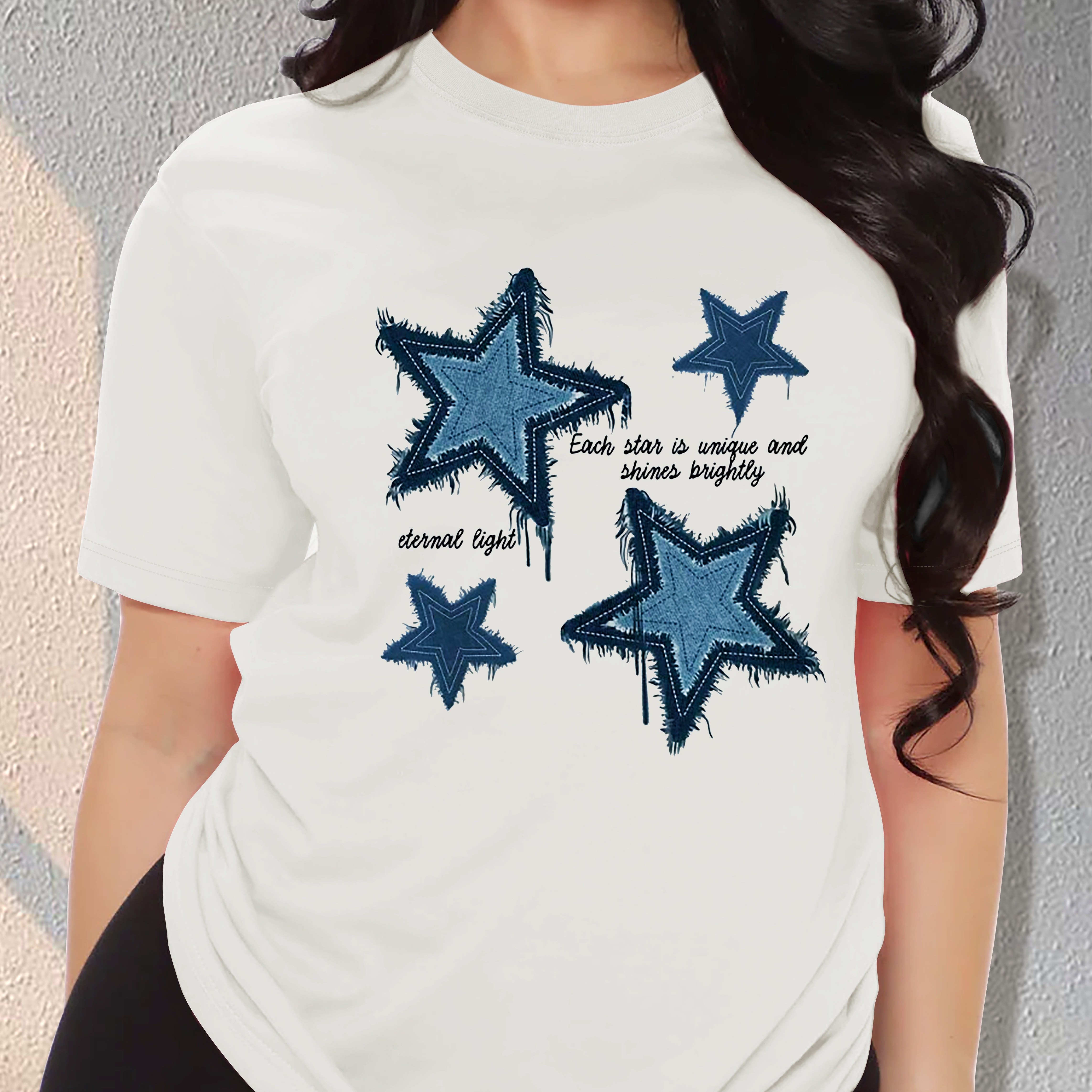 

Women's Star Patchwork Tee - Casual Round Neck Short Sleeve T-shirt, Machine Washable
