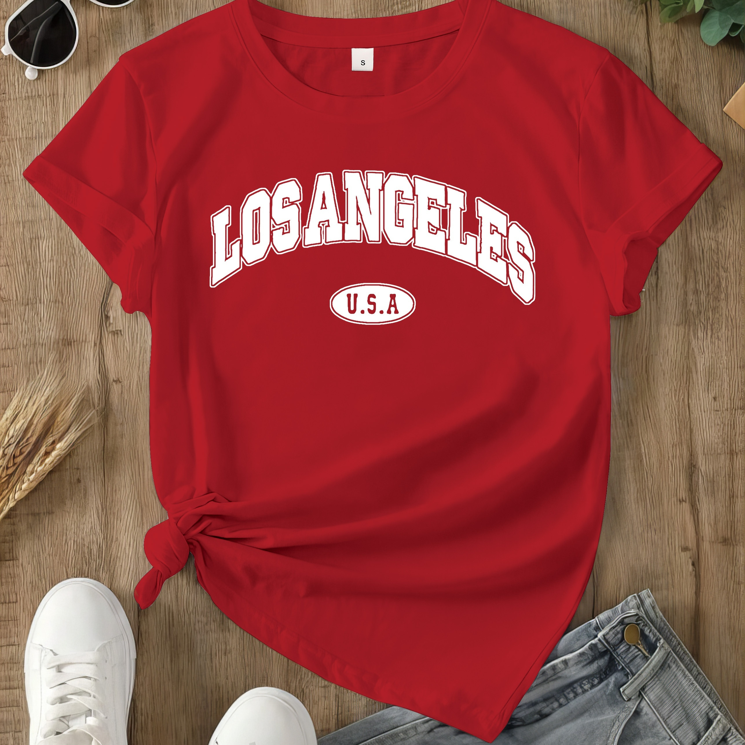 

T-shirt Imprimé Los Angeles, Haut Décontracté À Manches Courtes Et Col Rond Pour Le Printemps Et L'été, Vêtements Pour Femmes