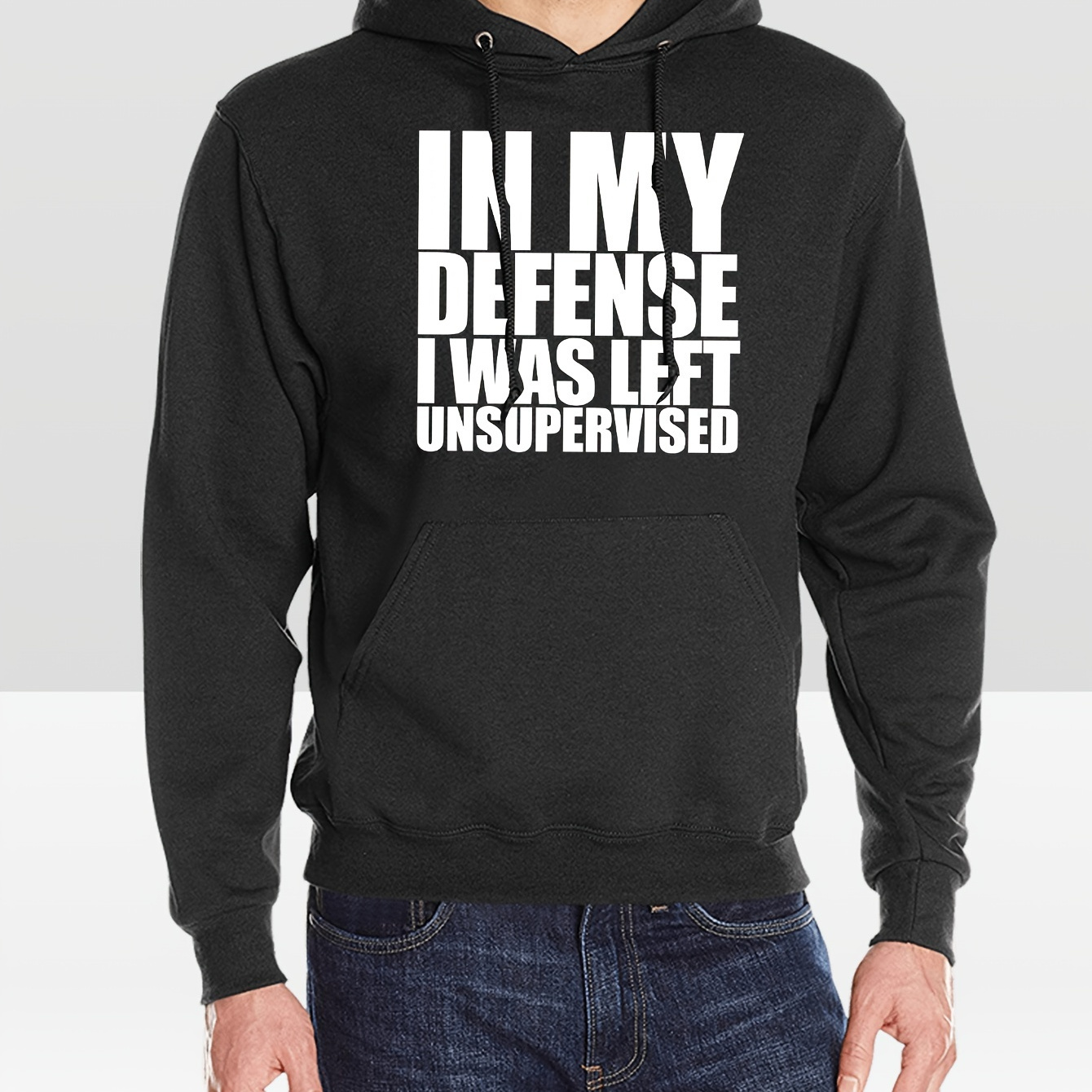 

Men's Front Print Kangaroo Pocket Hoodie In My Defense I Was Left Unsupervised 100% Cotton Funny Graphic Hoodies Autumn Casual Hoodies