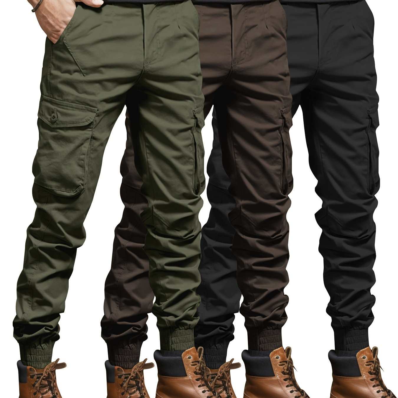 

3pcs Men's Casual Cargo Pants With Side Pockets - Lightweight, Woven Polyester, Mid-rise Tapered Work & Outdoor Trousers In Olive Green, Dark Brown, And Black