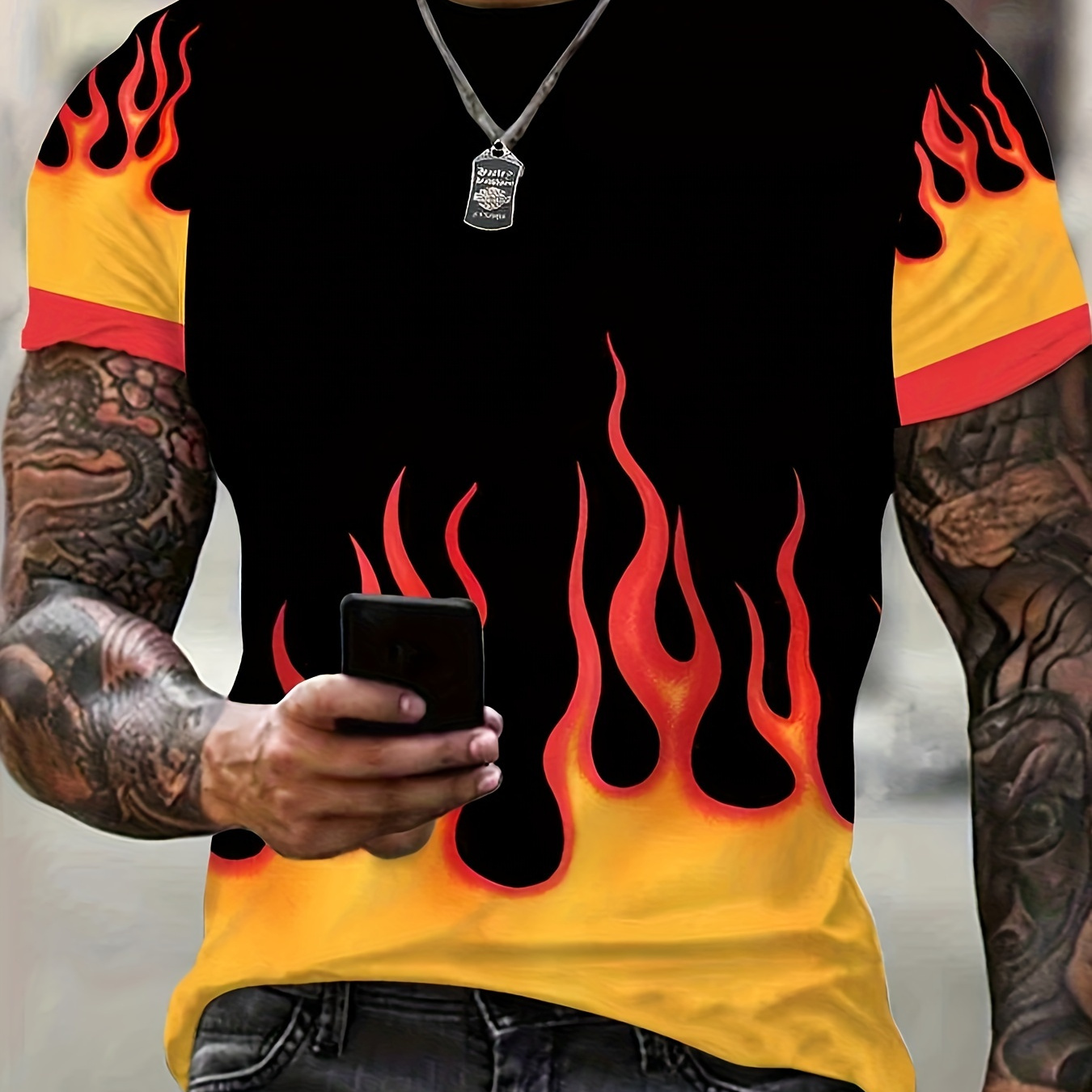 

Men's Casual Crew Neck Graphic T-shirt With Fancy Flame Print, Trendy Short Sleeve Top For Summer Daily Wear